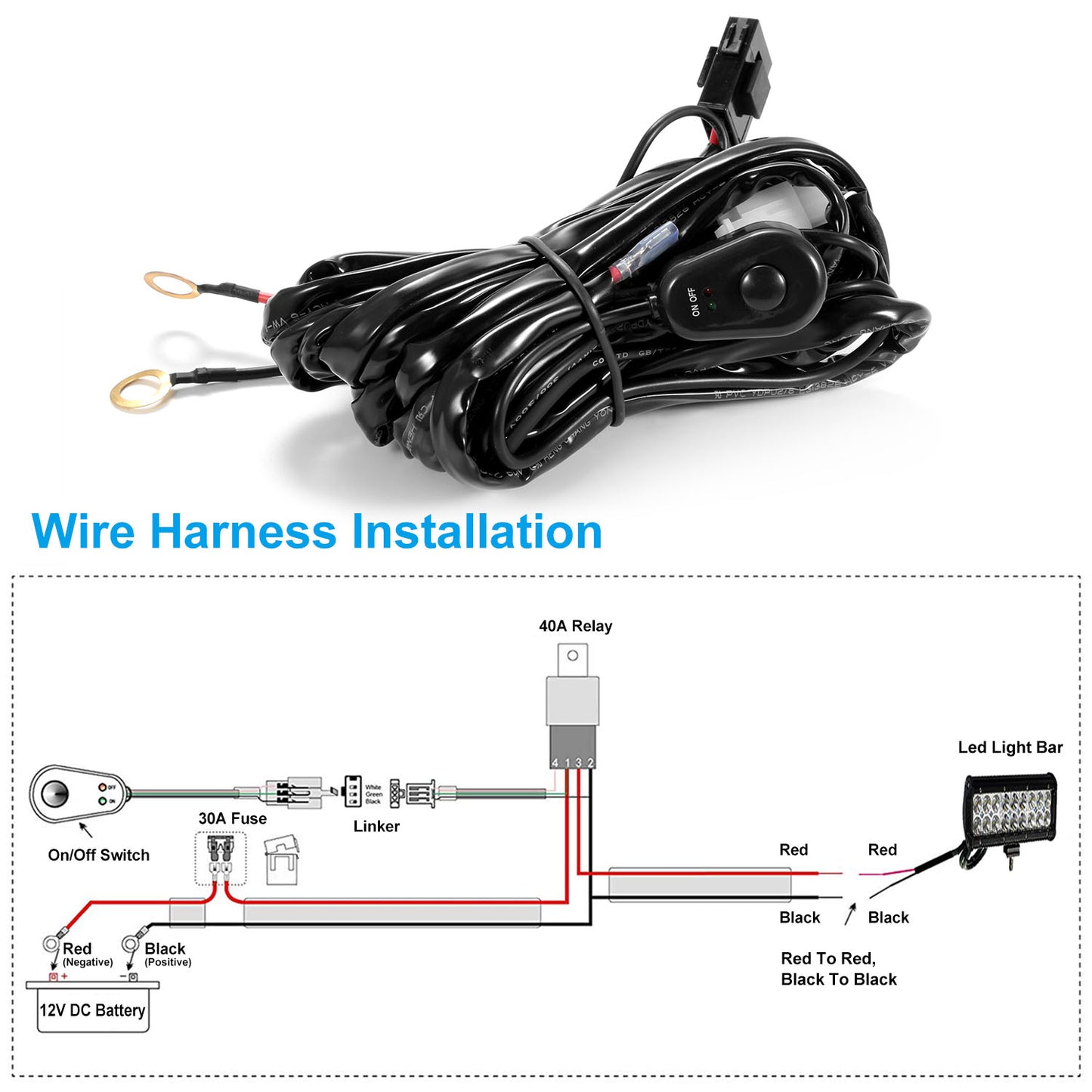 LED Light Bar Wiring Harness Kit 280W 12V 40A with Switch