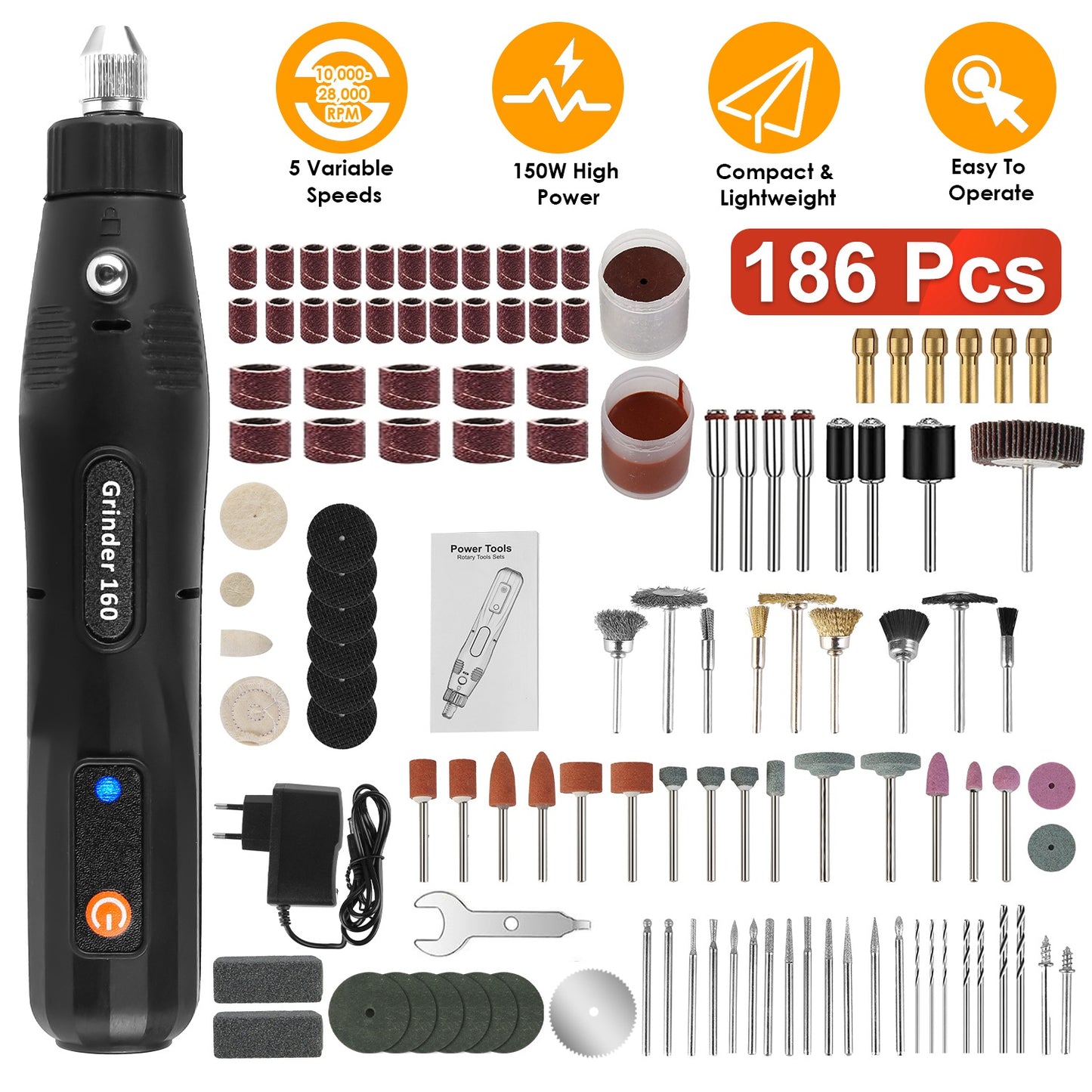 Corded Rotary Tool Set 186-Piece with 5 Variable Speeds