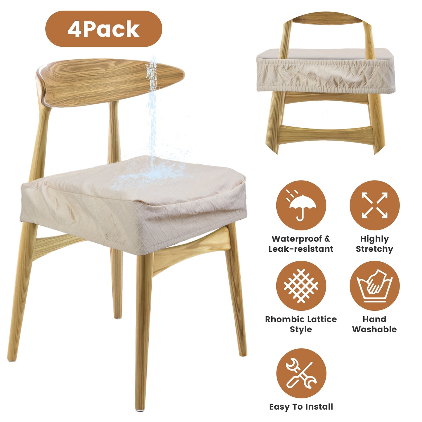 Waterproof Dining Chair Seat Covers - 4 Pack Stretch Slipcovers