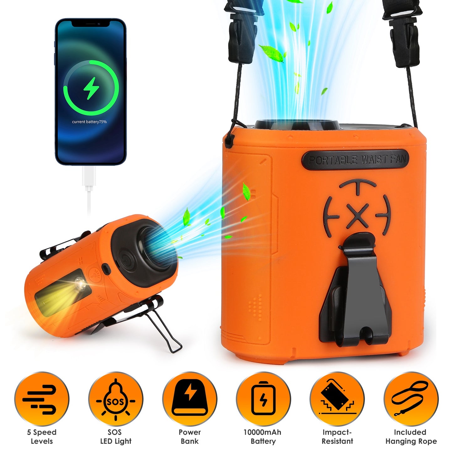 Portable Waist Clip Fan 5-in-1 with 10000mAh Power Bank