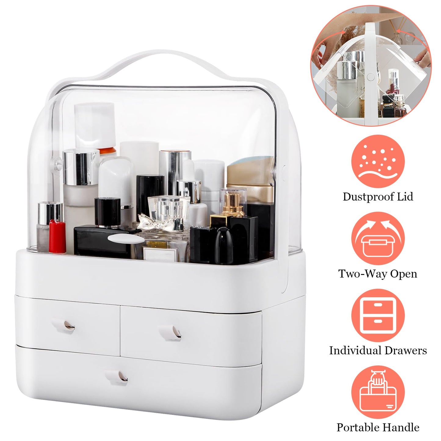 3-Tier Makeup Organizer with Dustproof Lid and Drawers