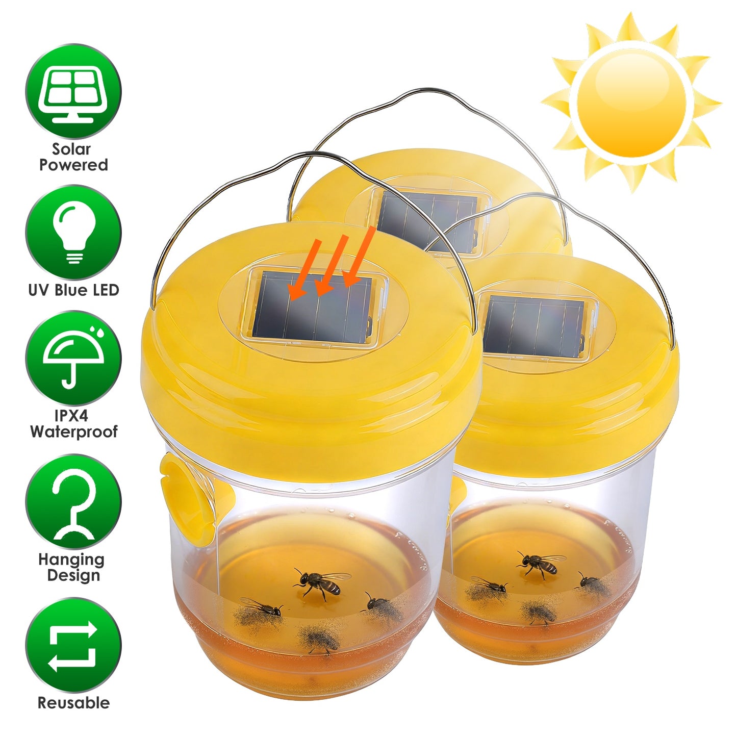 Solar Wasp Trap with UV Light - 3 Pack Outdoor Hanging