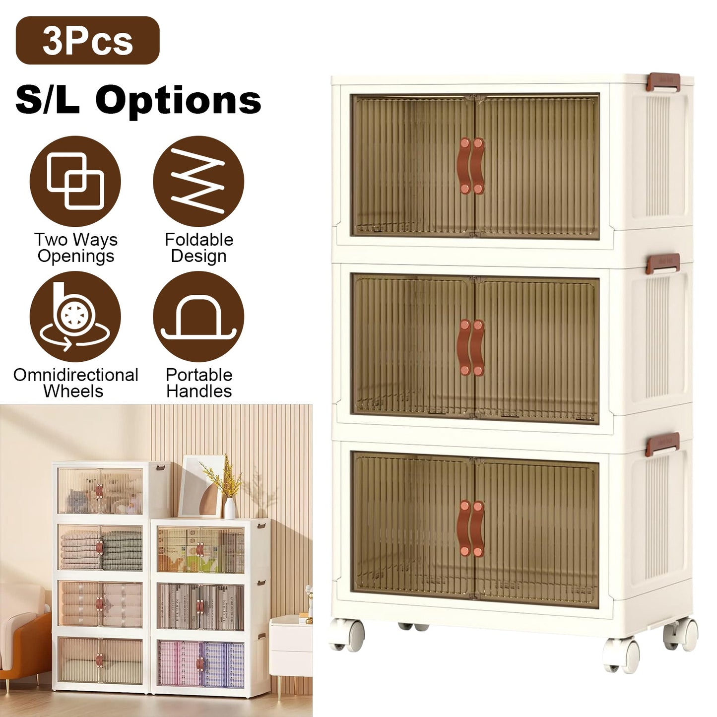 Foldable Storage Bins with Lids & Wheels - 3 Pack Stackable