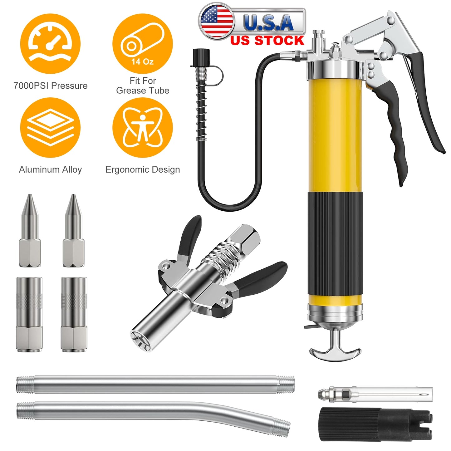 Grease Gun Kit 14 Oz 7000 PSI High Pressure with Flex Hose