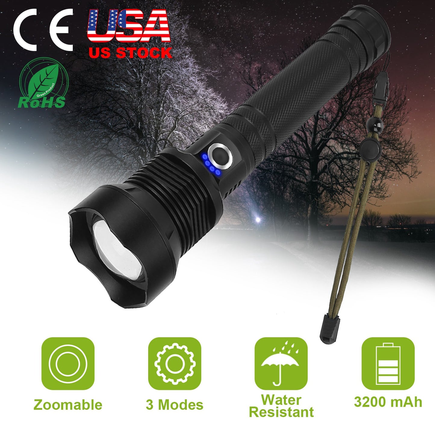 Rechargeable LED Tactical Flashlight 30000LM Zoomable