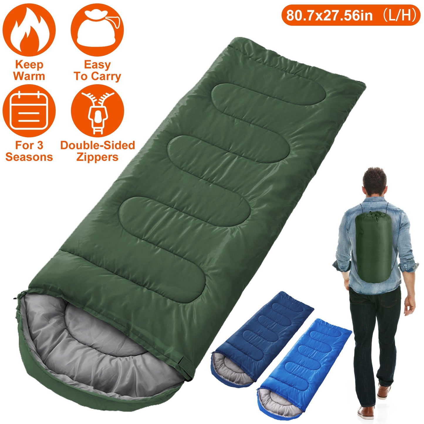 3-Season Sleeping Bag for Adults with Carry Bag 32-50°F