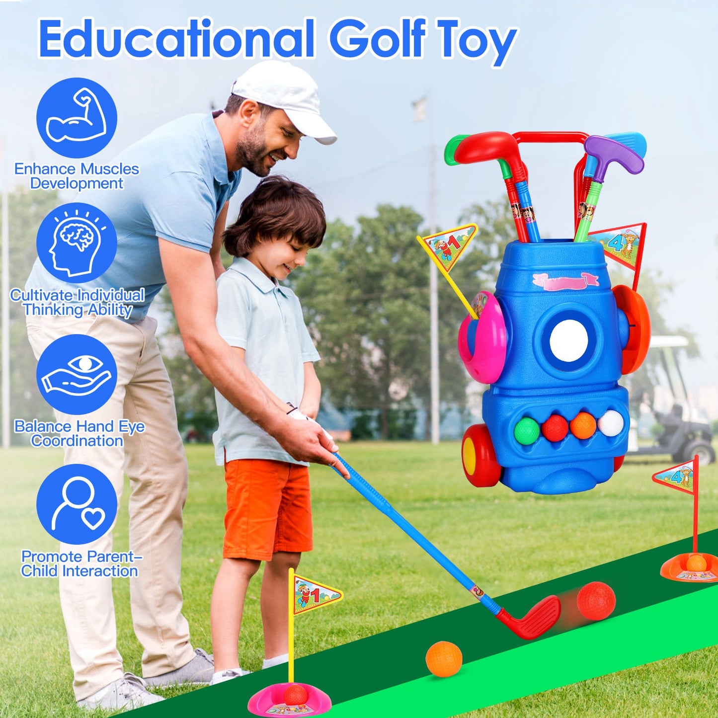 Toddler Golf Set with Cart, 4 Clubs, Balls & Flags