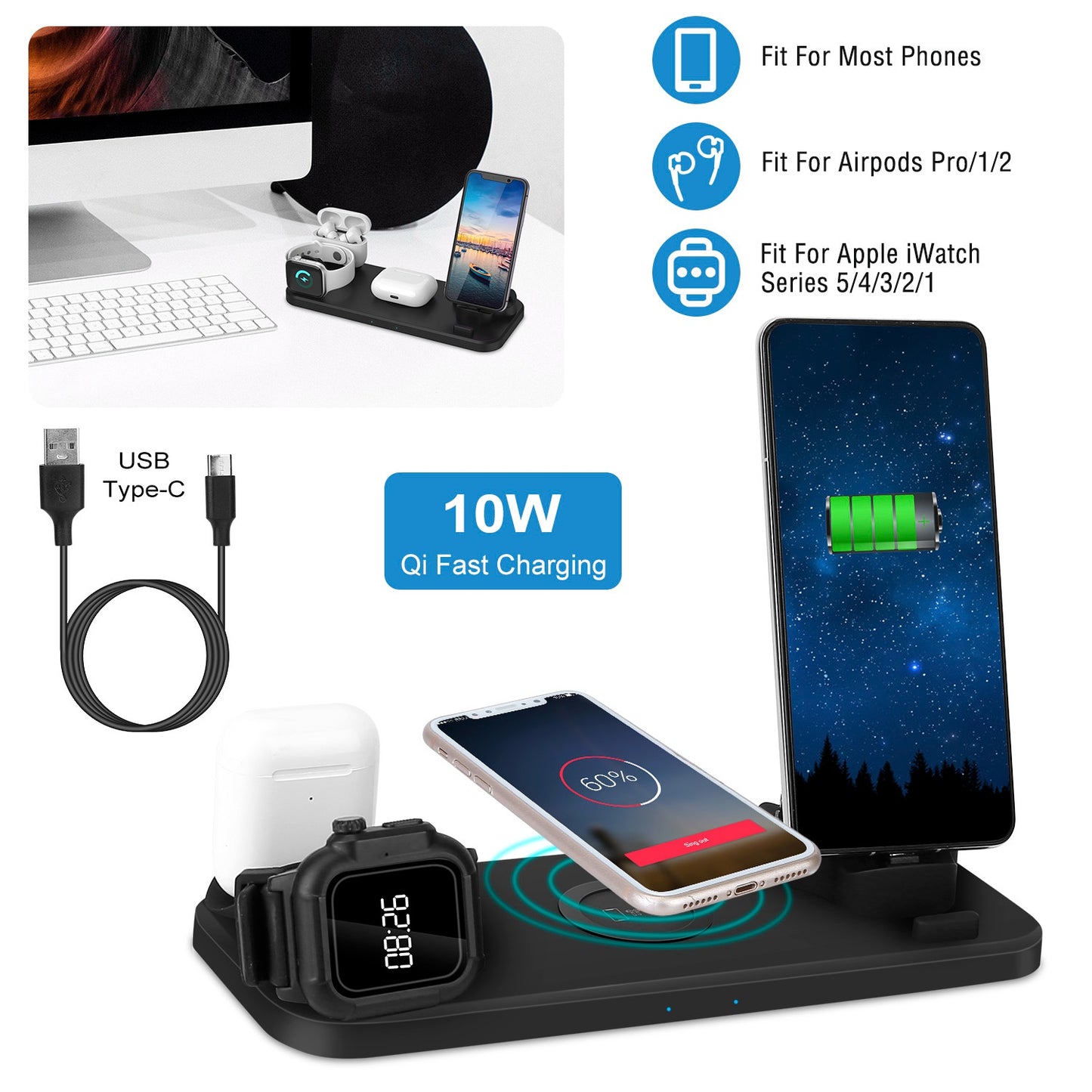 6-in-1 Wireless Charging Station for iPhone, Apple Watch & AirPods