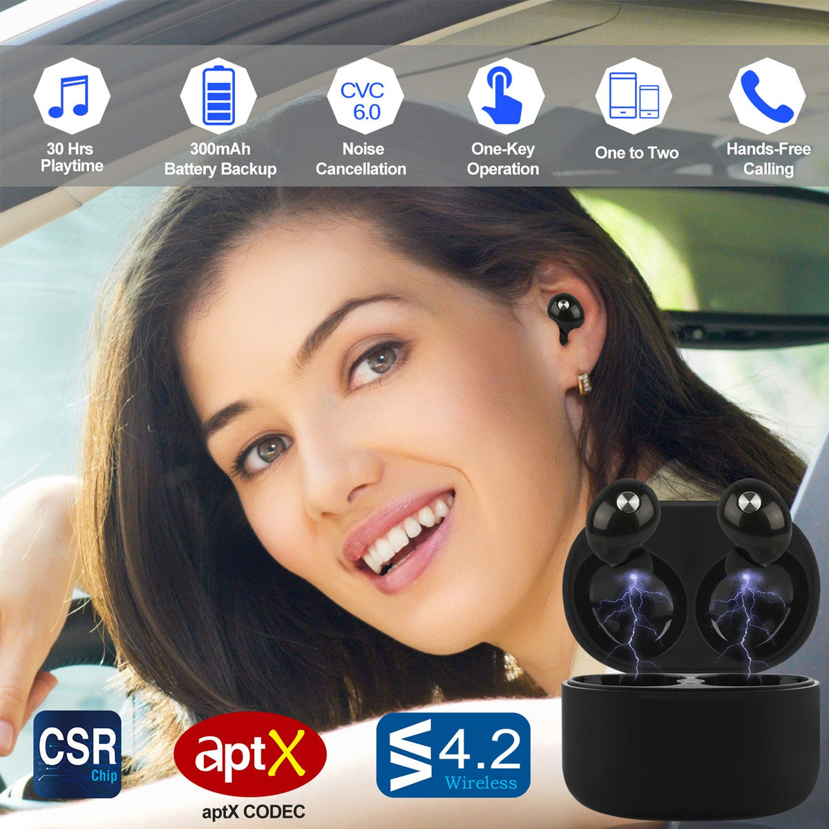 TWS True Wireless V4.2 Earbuds IPX4 In-ear stereo Earphone Hands-free Deep Bass Earpiece w/Mic Magnetic Charging Case 30Hrs Single Earbud Work Time Dr