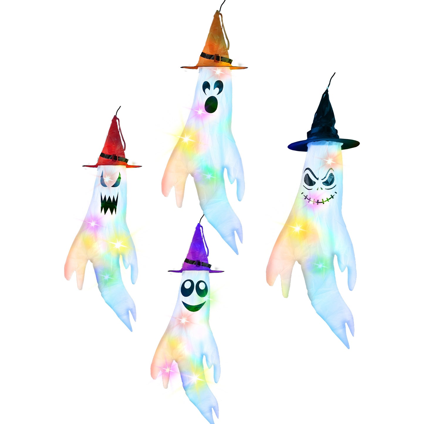 Halloween Ghost Windsocks with Witch Hats & LED Lights (4-Pack)