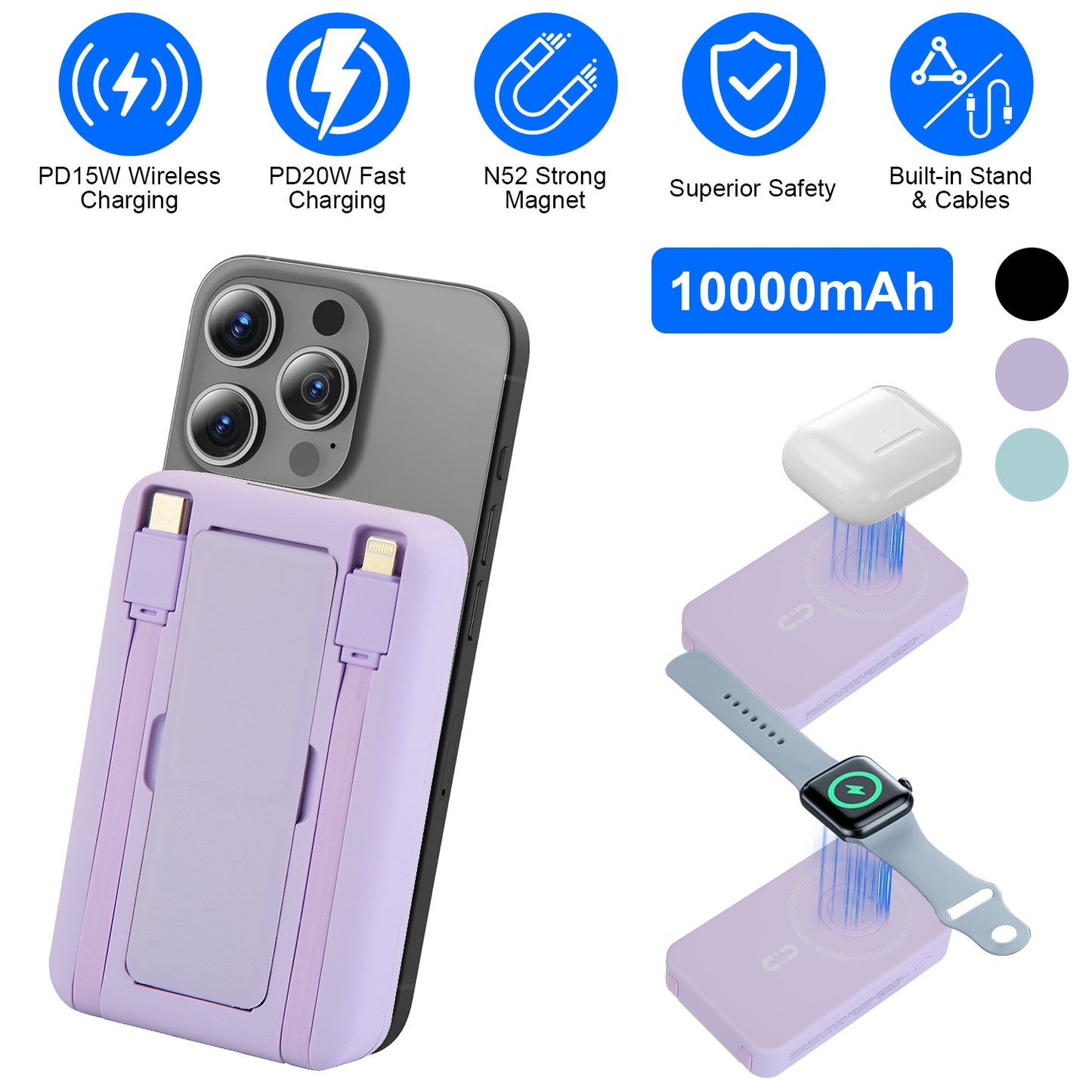 10000mAh MagSafe Power Bank with Built-In Cables & Stand
