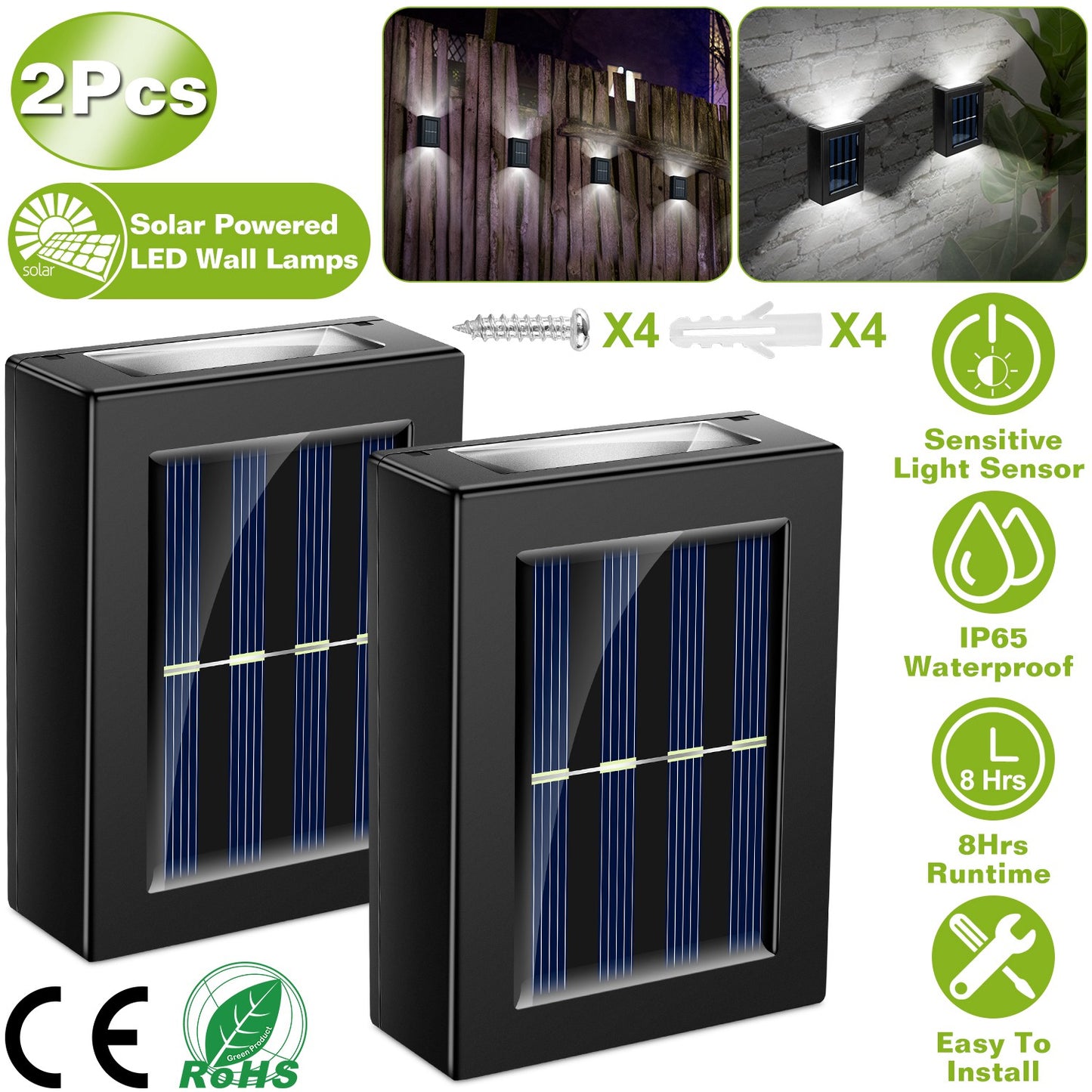 Solar Deck Lights Outdoor - 2 Pack Waterproof LED Fence Lamps
