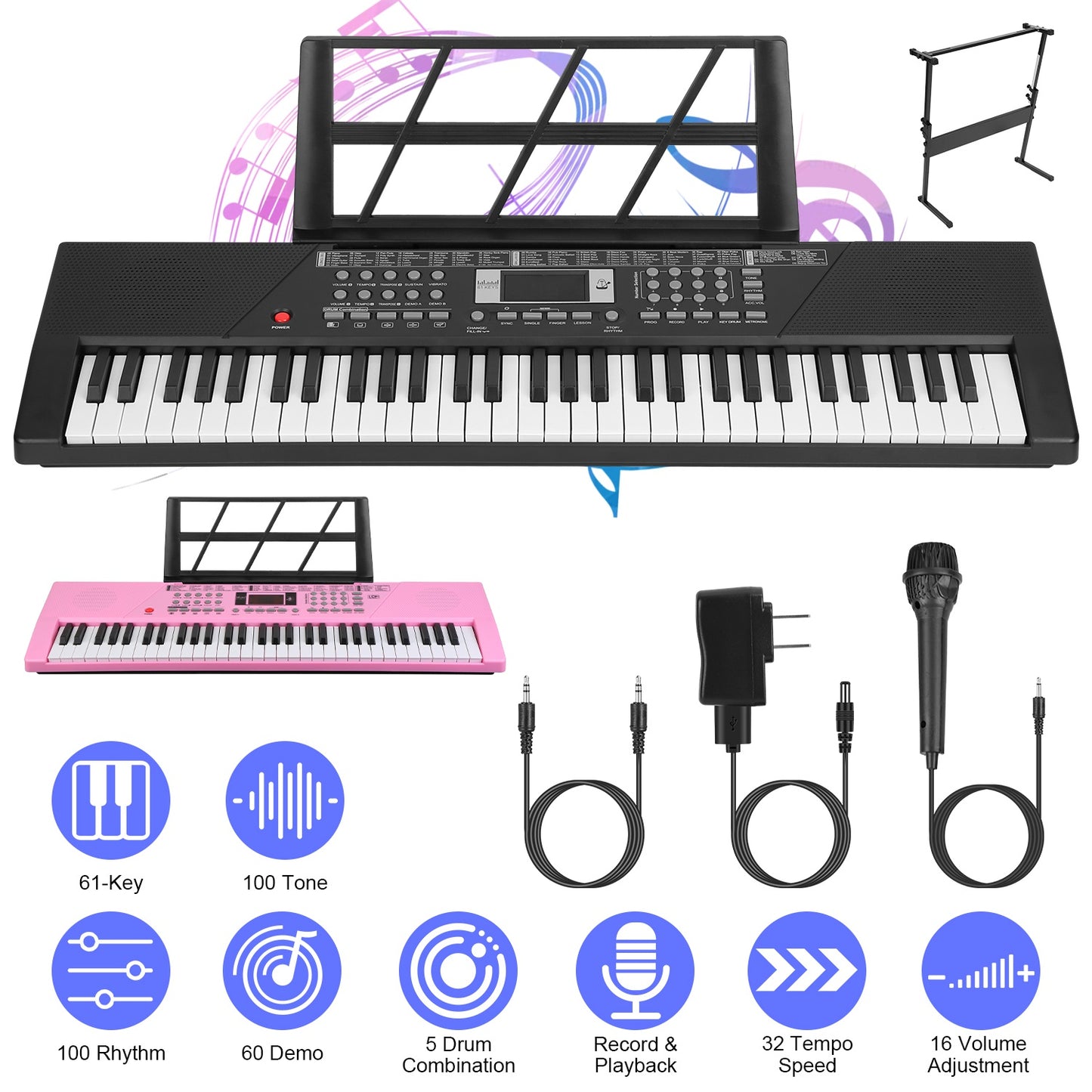 61-Key Digital Music Keyboard with Microphone & Stand
