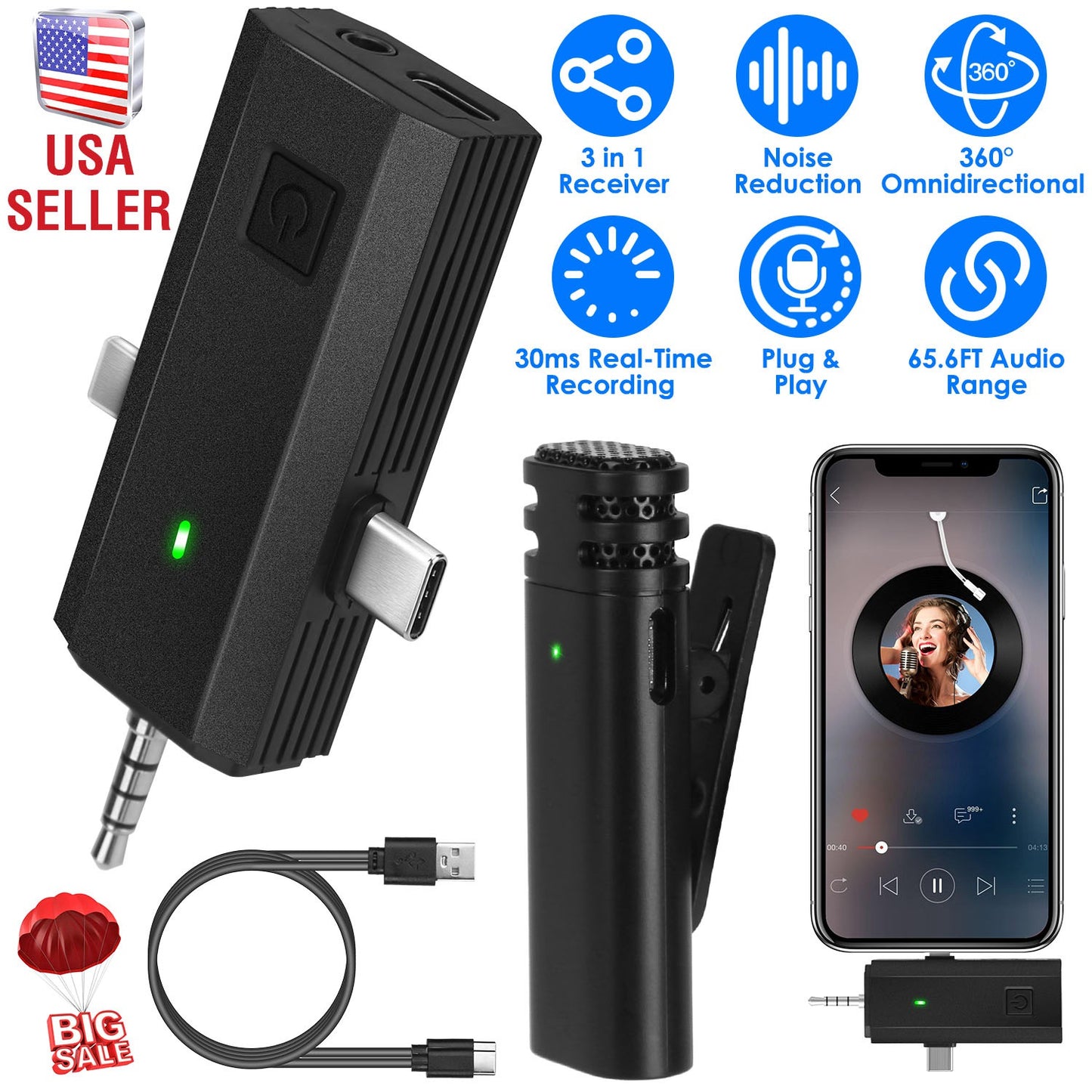 Wireless Clip-On Microphone with 3-in-1 Receiver