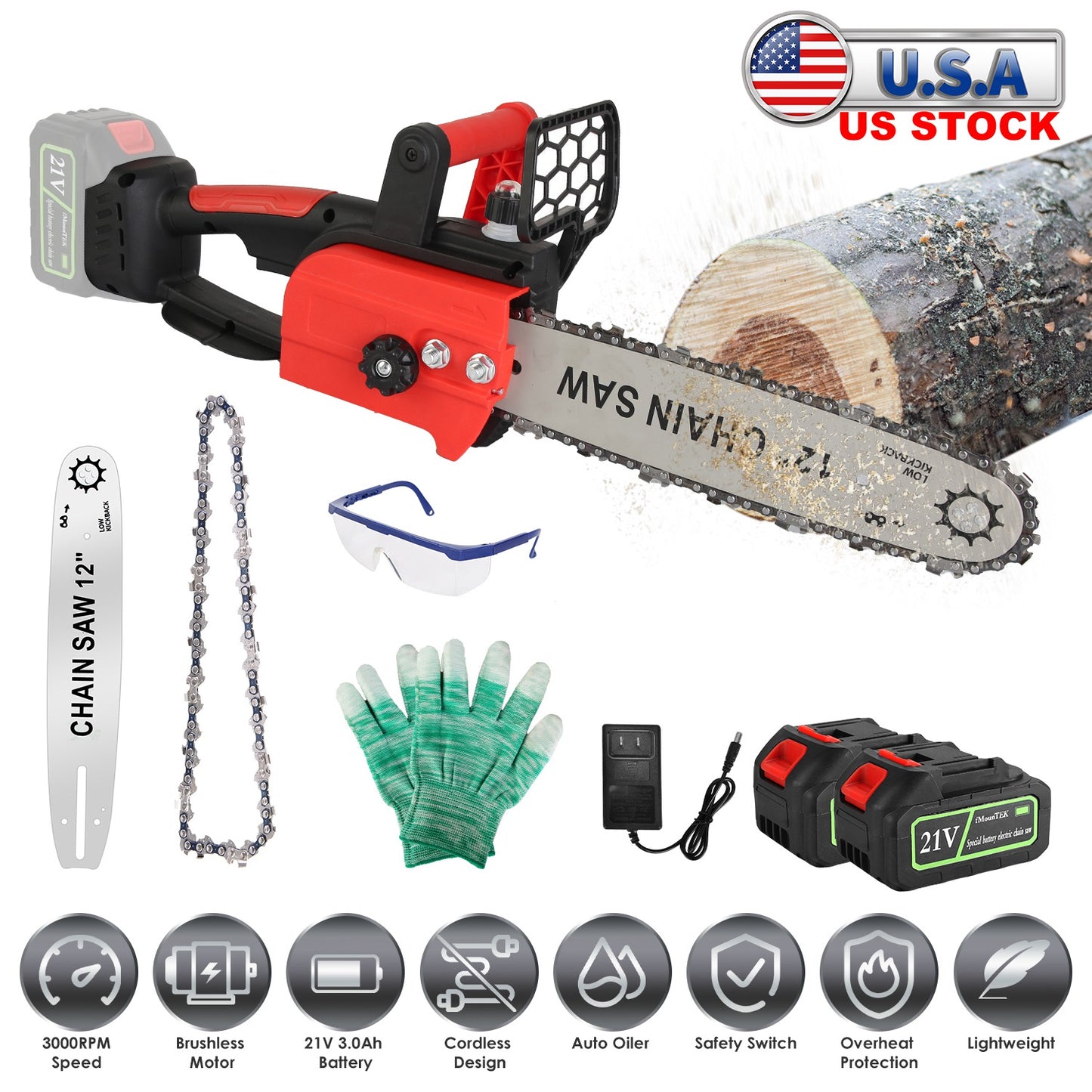 12-Inch Cordless Electric Chainsaw with 2 Batteries & Charger