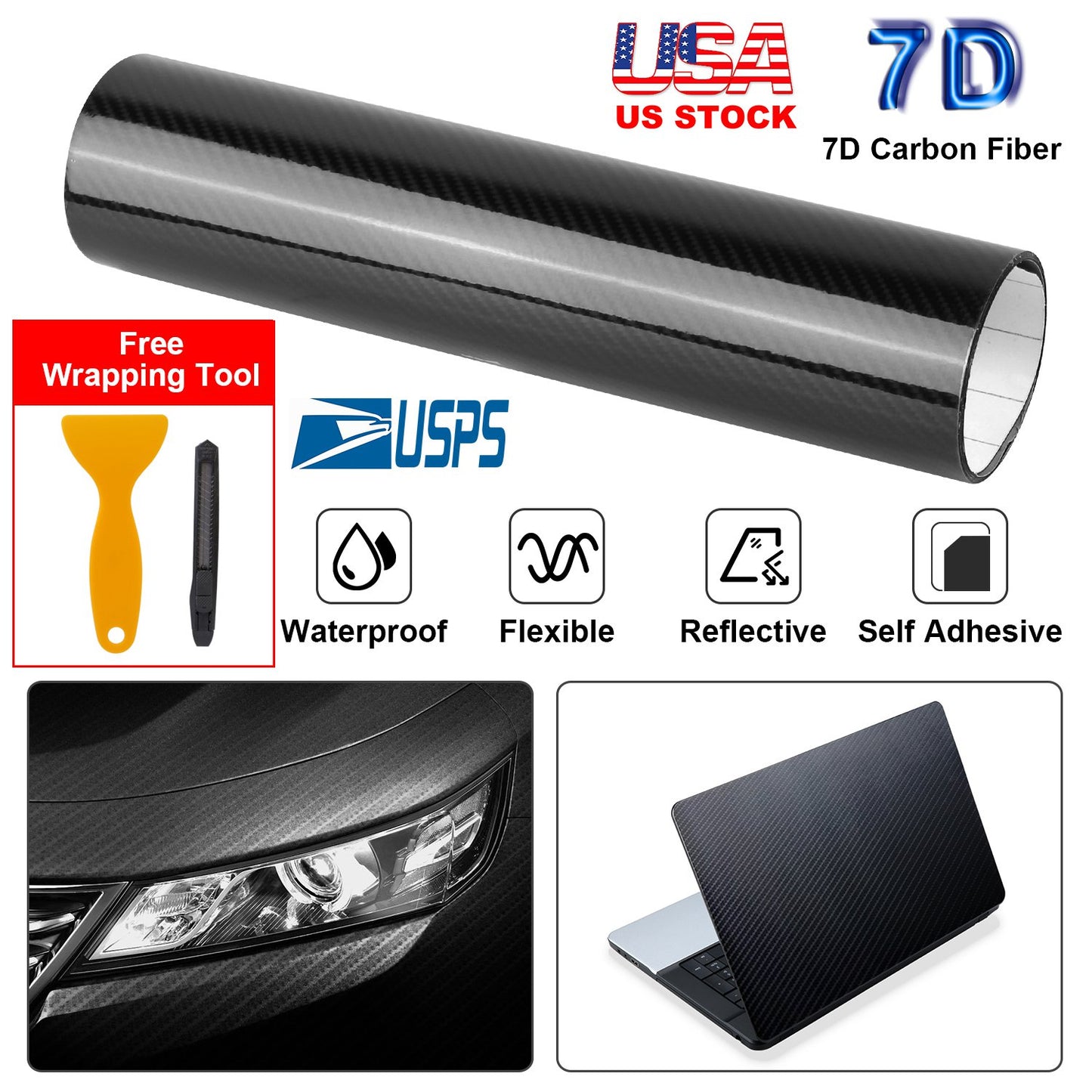 Carbon Fiber Vinyl Wrap Film - High Gloss Black 7D Texture