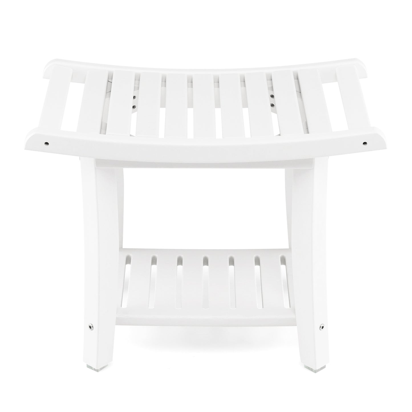 Heavy Duty Waterproof Bath Stool with Curved Seat and Storage Shelf-White