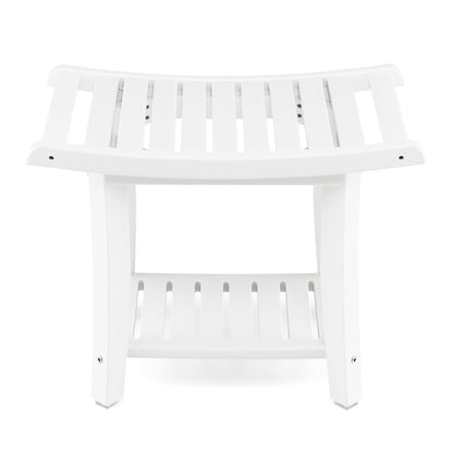 Heavy Duty Waterproof Bath Stool with Curved Seat and Storage Shelf-White