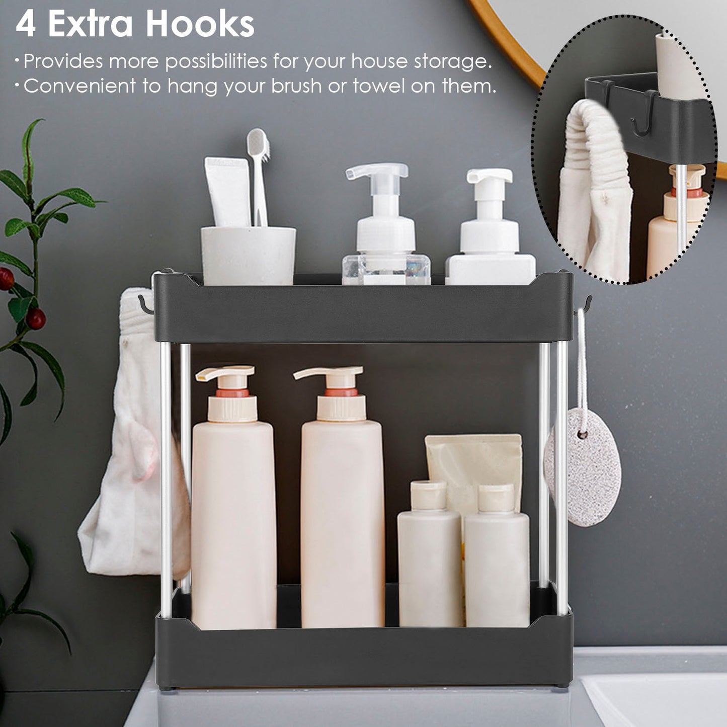 2-Tier Under Sink Organizer with 4 Hooks