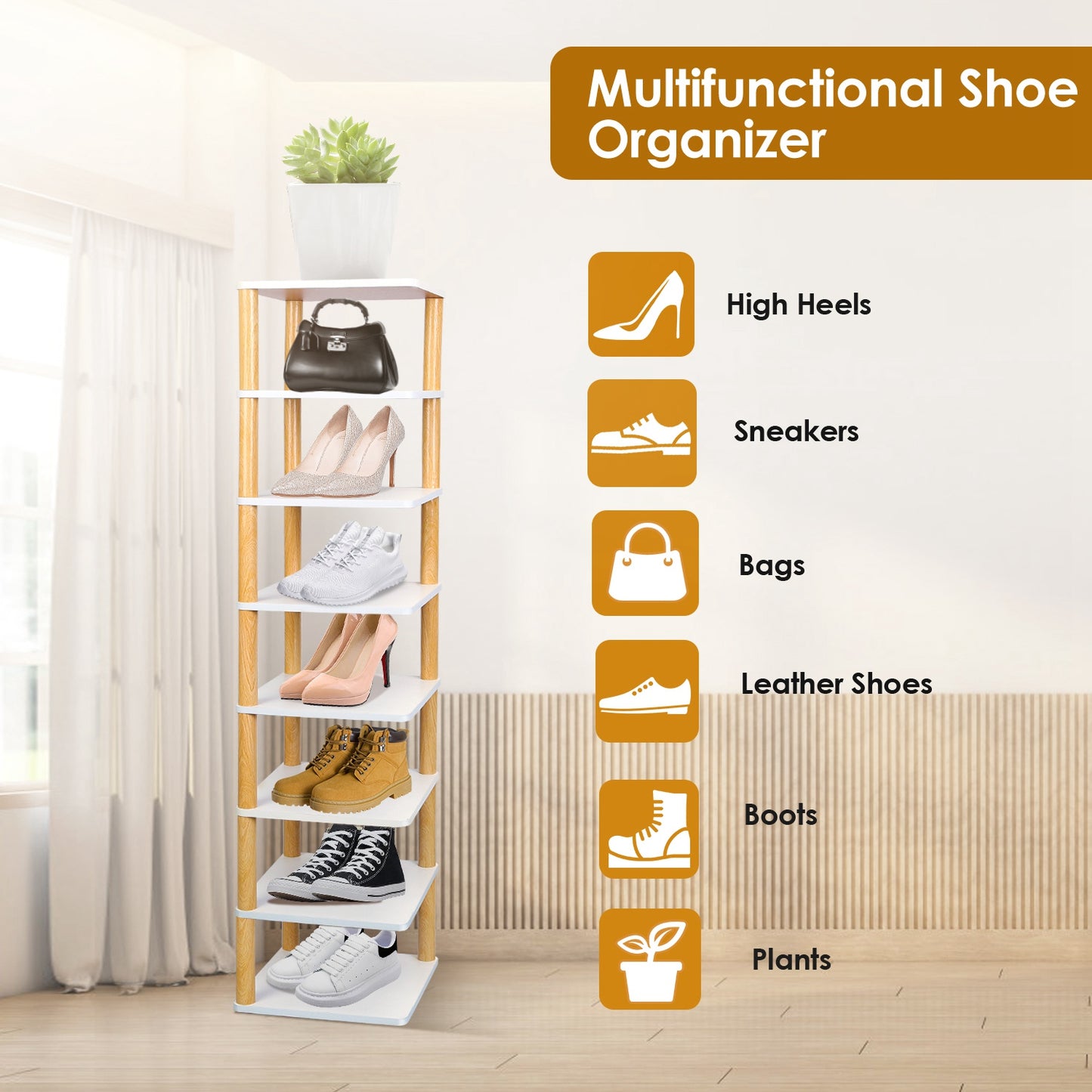 8-Tier Vertical Shoe Rack - Space Saving Entryway Organizer