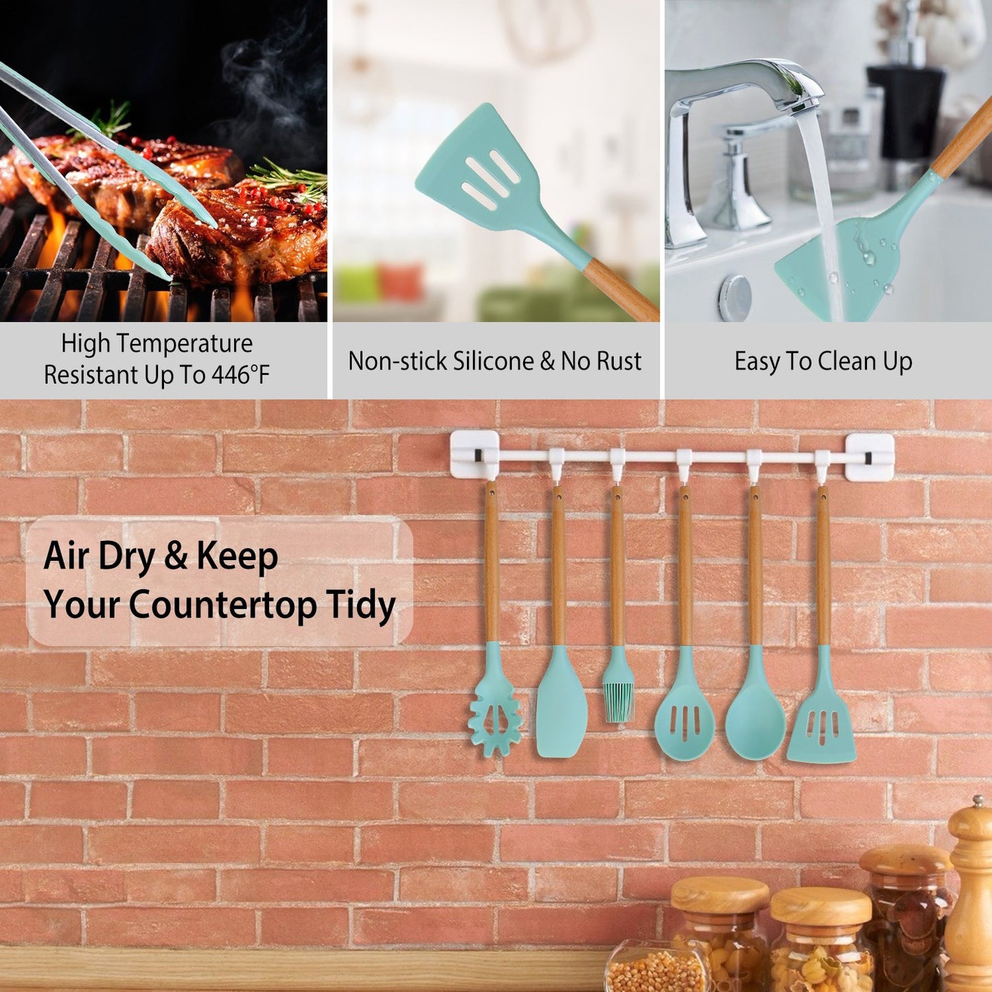 Silicone Cooking Utensil Set, 11-Piece with Wooden Handles