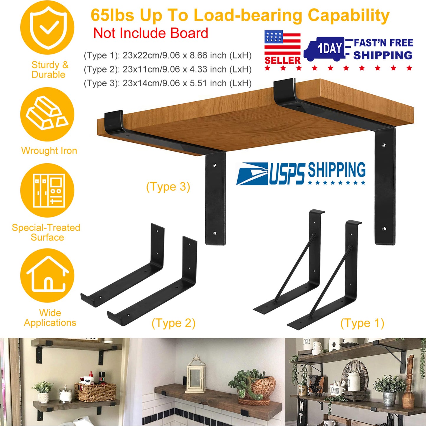 Heavy Duty Wall Mounted Shelf Brackets - 2 Pack Black Metal