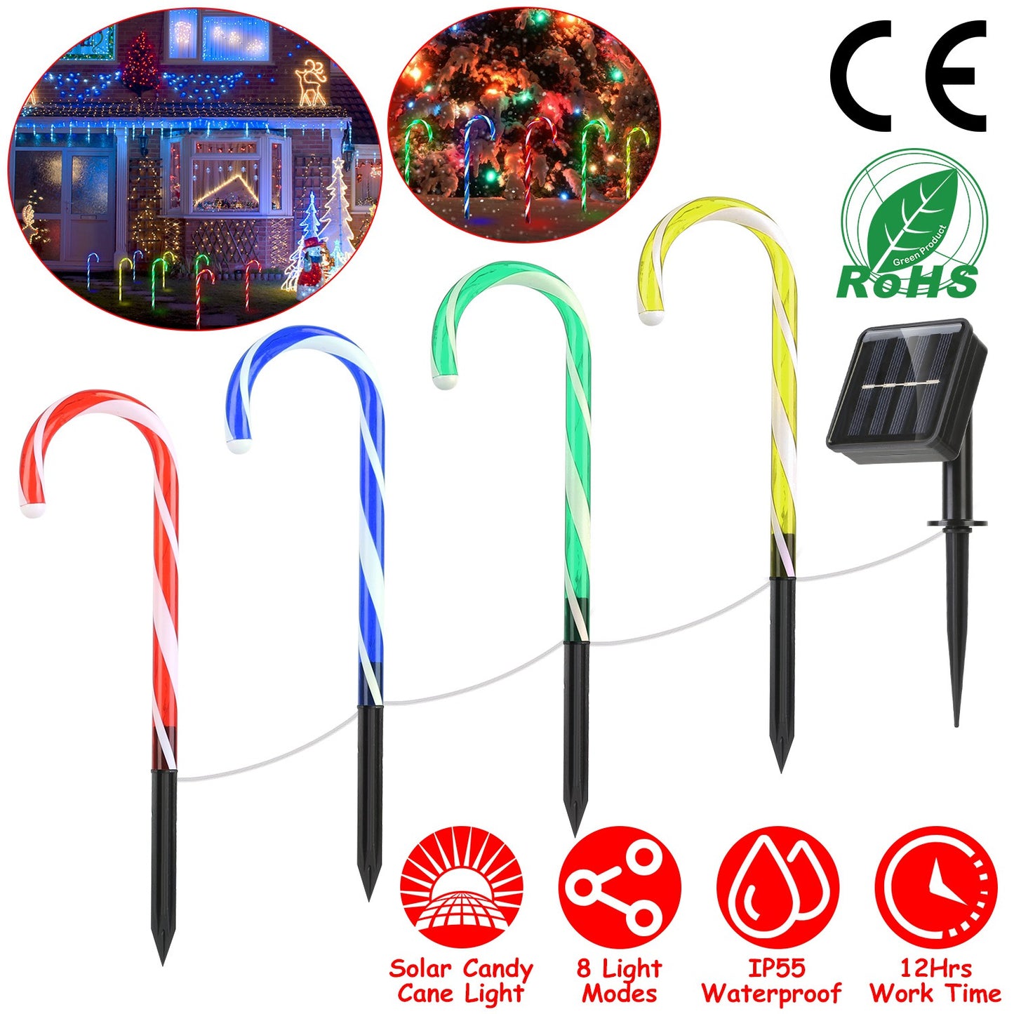 Solar Candy Cane Pathway Lights - 4 Pack with 8 Light Modes