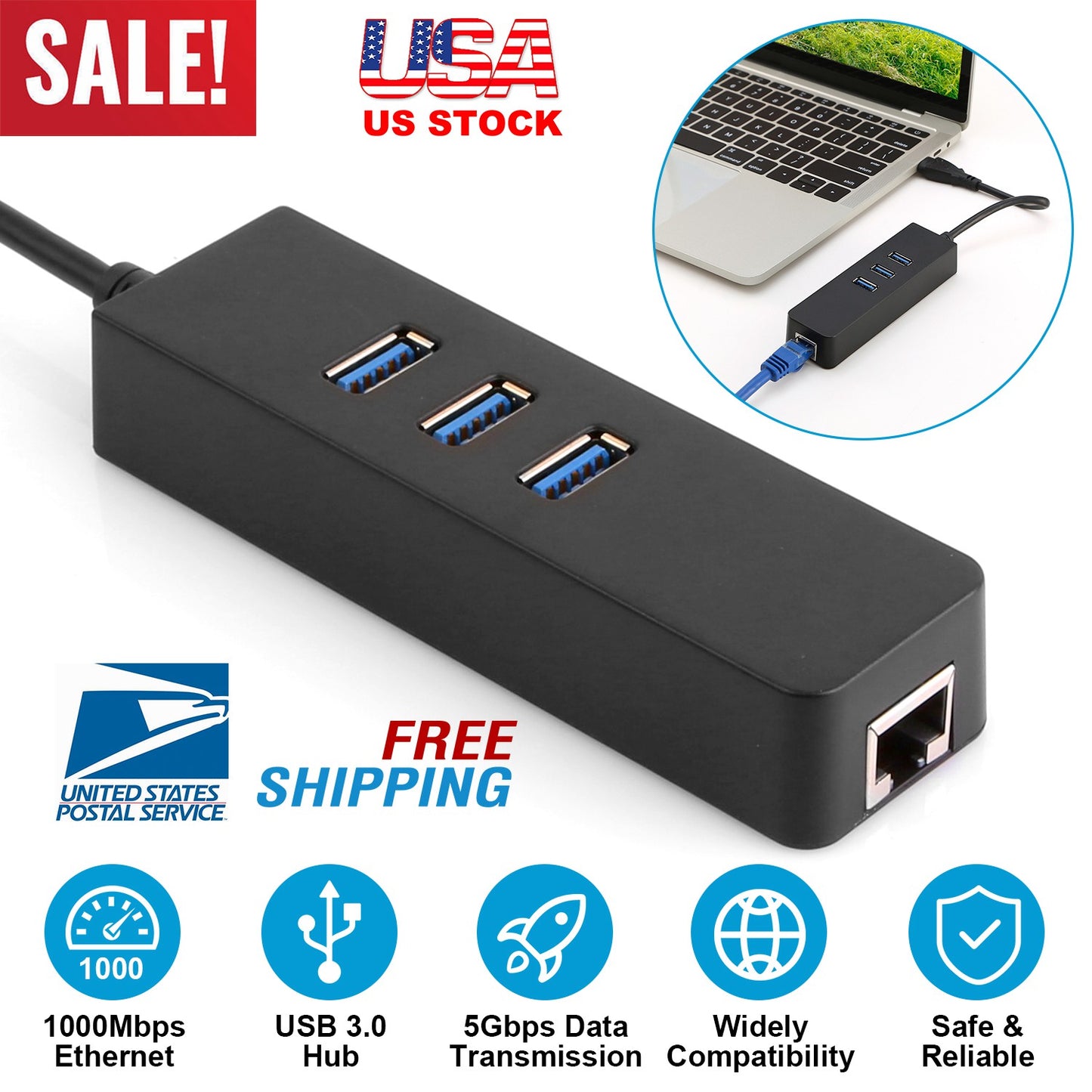 USB 3.0 Hub with Gigabit Ethernet Adapter - 3 Port