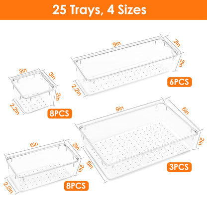 Clear Drawer Organizers Set - 25 Piece Storage Bins