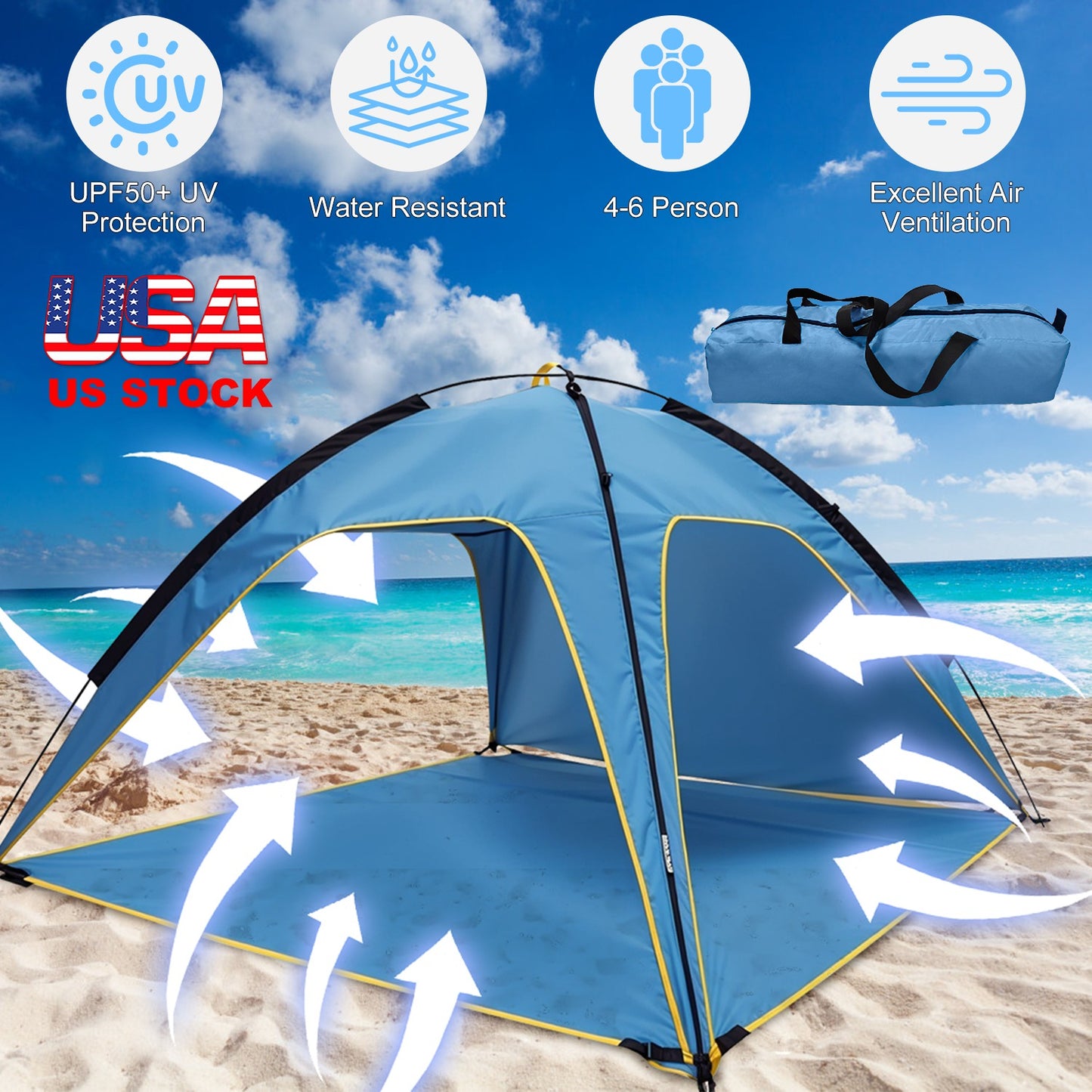 Beach Tent for 4-6 People with UPF 50+ Sun Protection