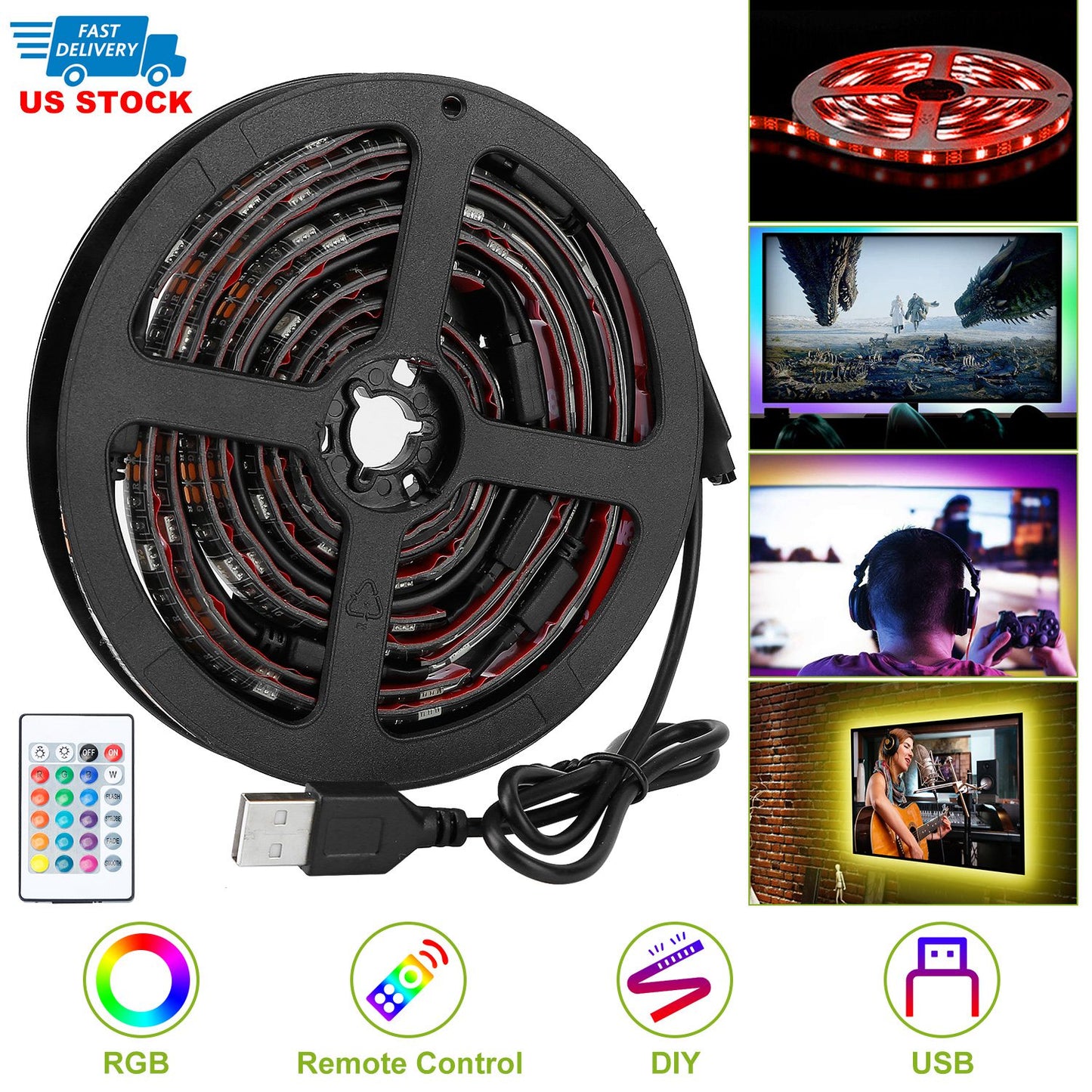 RGB LED TV Backlight Strip 6.56ft with Remote Control