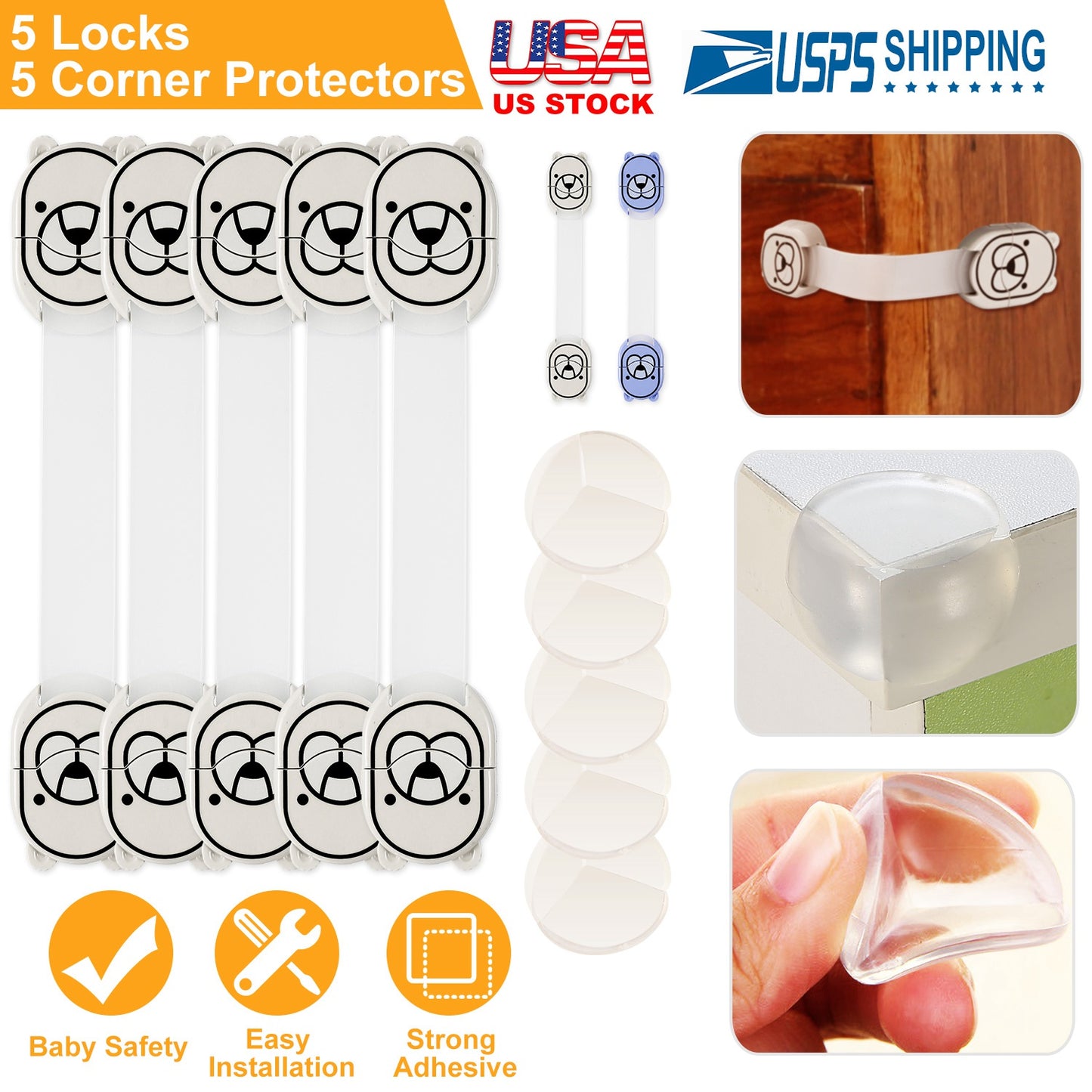Child Safety Locks with Corner Protectors - 10 Piece Set