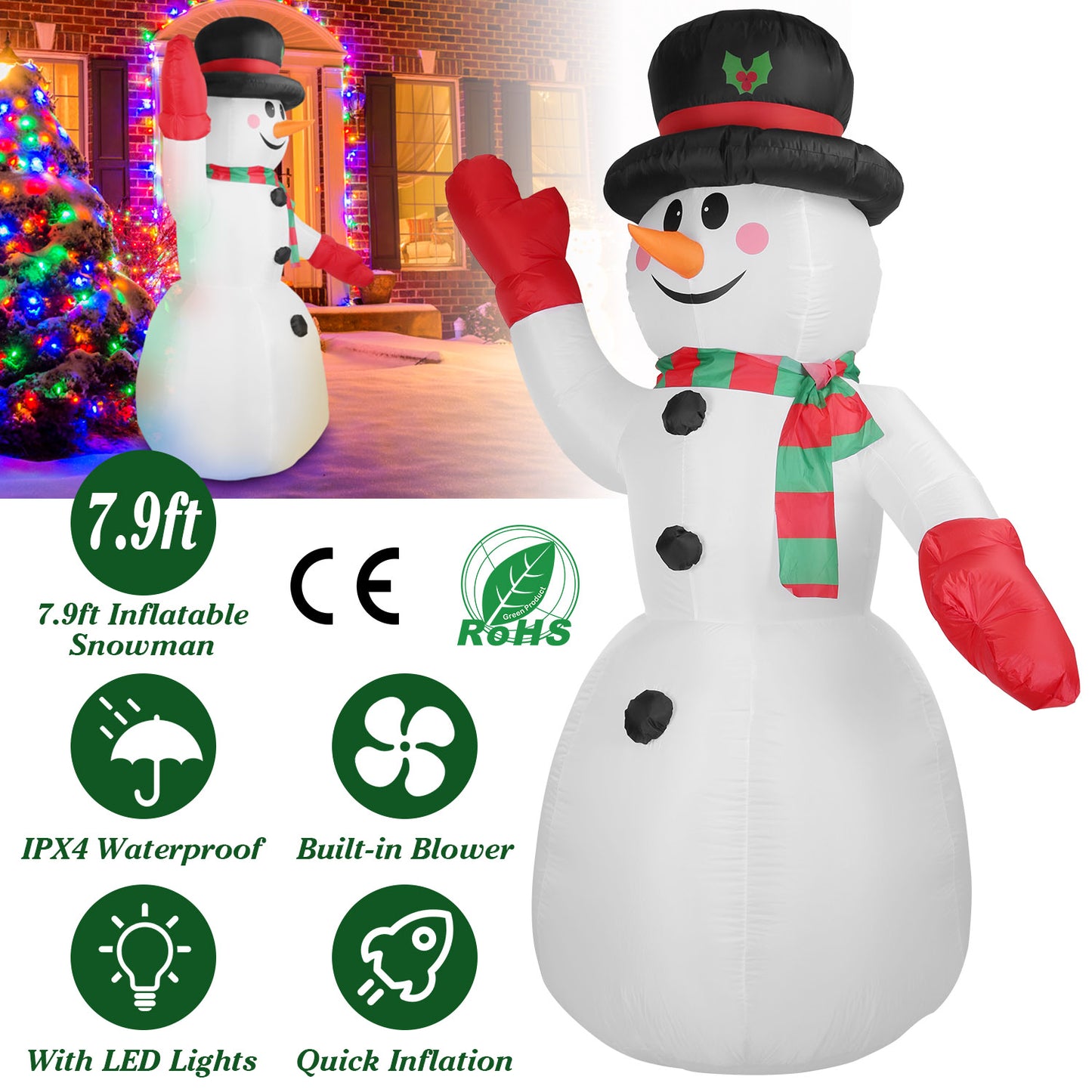 7.9ft Inflatable Christmas Snowman with LED Lights