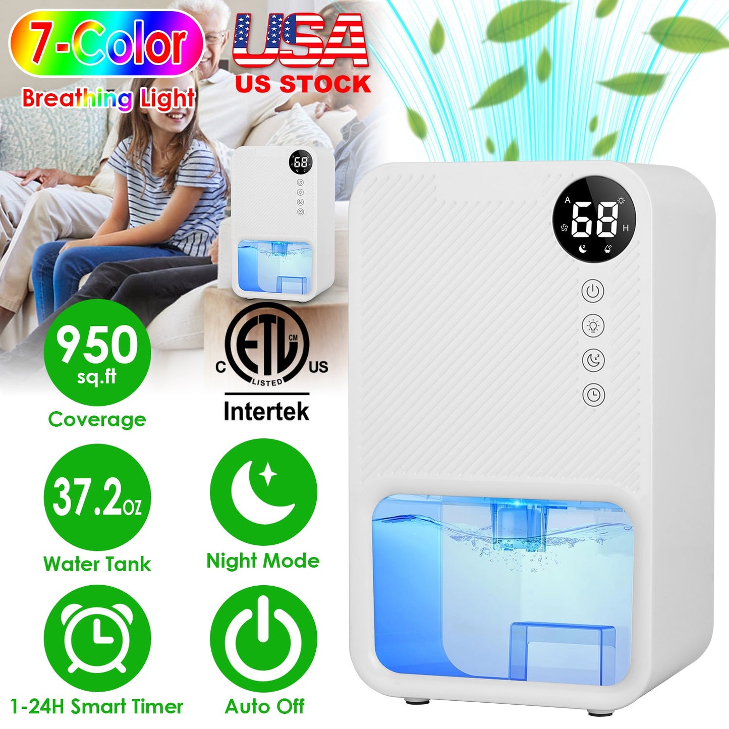 Portable Dehumidifier 37.2oz with Timer & 7-Color Light