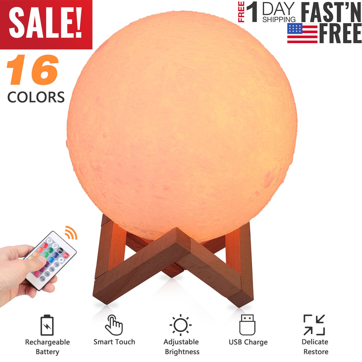 3D Moon Lamp Night Light with 16 Colors and Remote Control