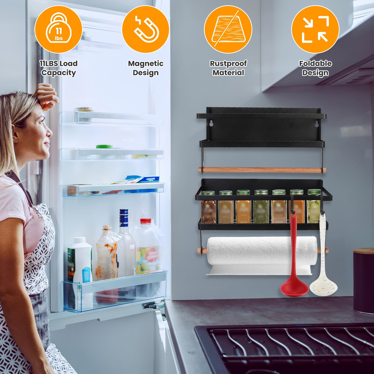 Magnetic Spice Rack for Refrigerator with Paper Towel Holder