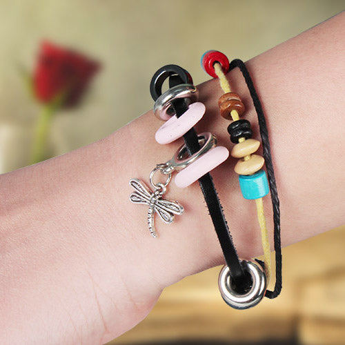 Fashion Dragonfly Pendant Leather Wristband