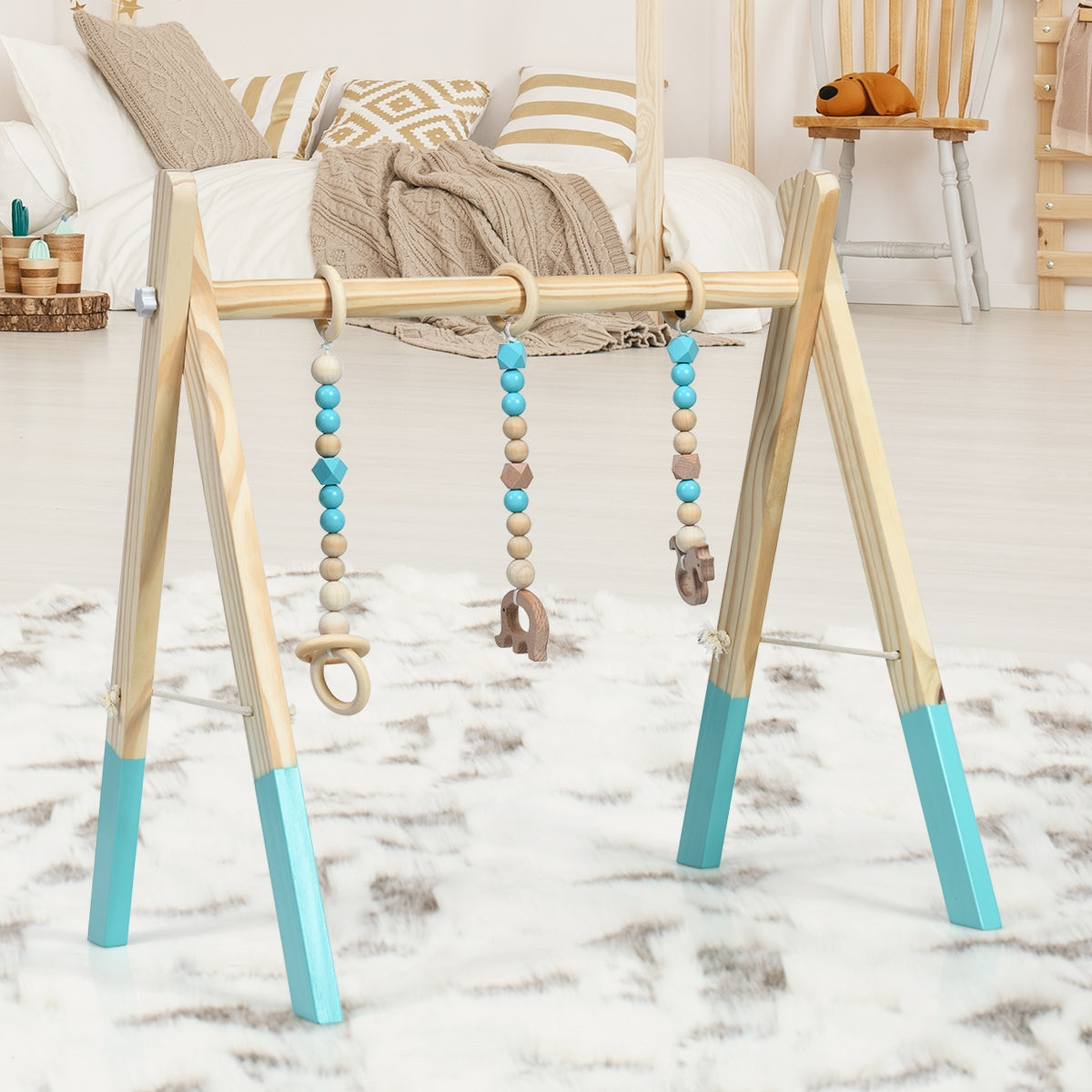 Portable 3 Wooden Newborn Baby Exercise Activity Gym Teething Toys Hanging Bar