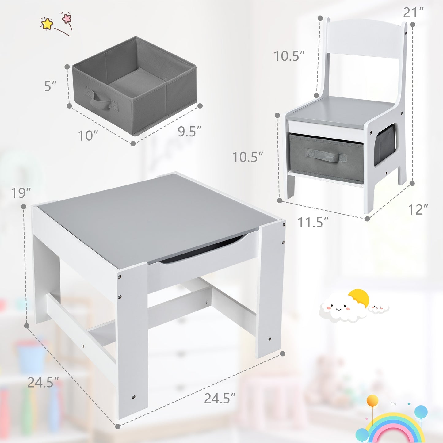 Kids Table and Chair Set with Storage and Drawing Board