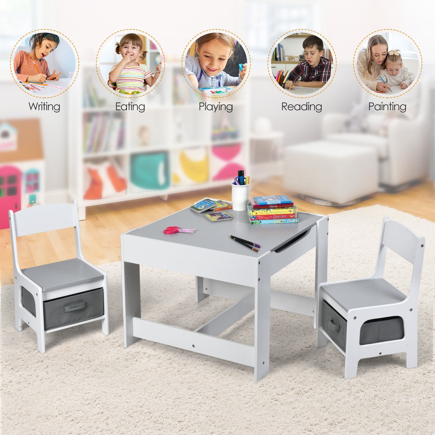 Kids Table and Chair Set with Storage and Drawing Board