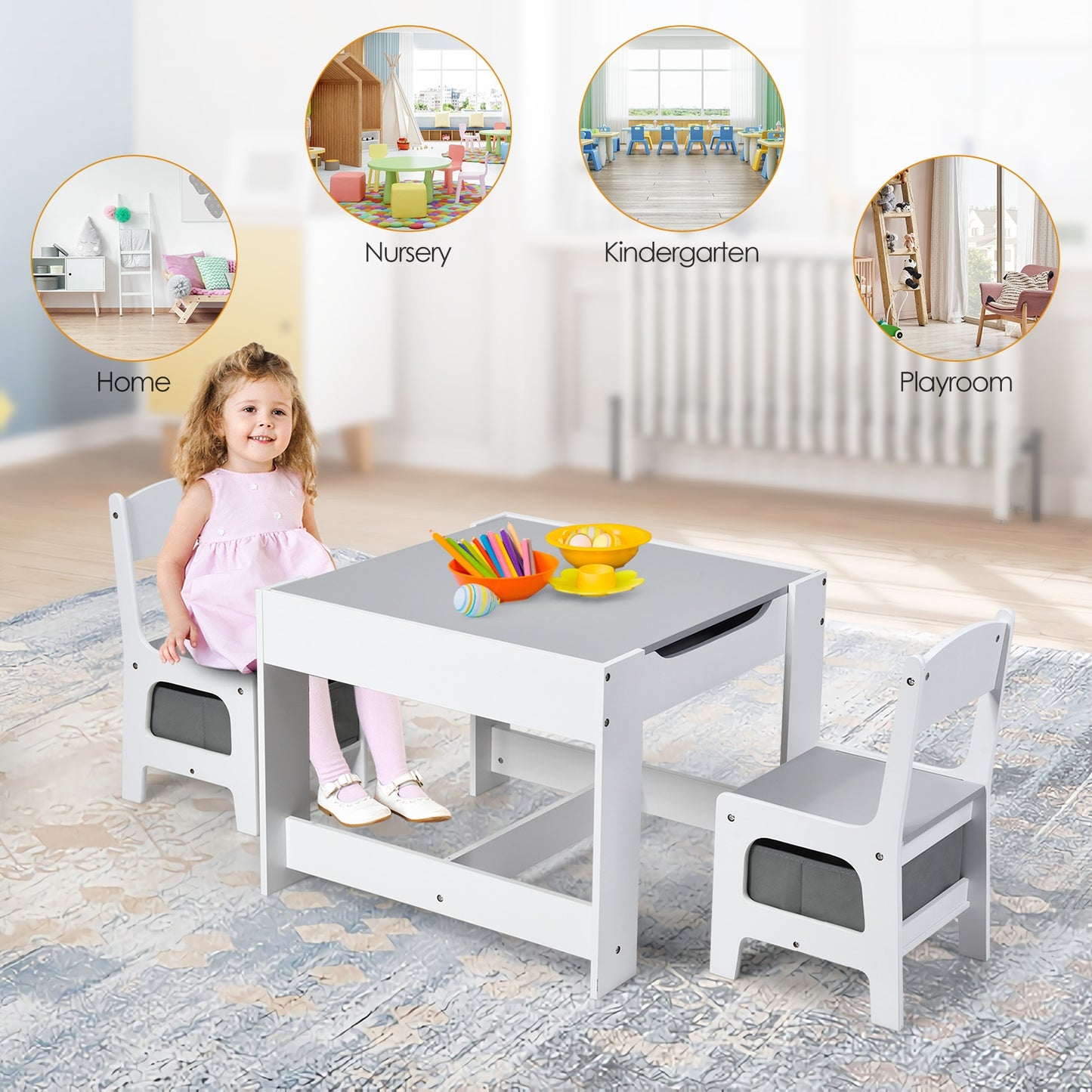 Kids Table and Chair Set with Storage and Drawing Board