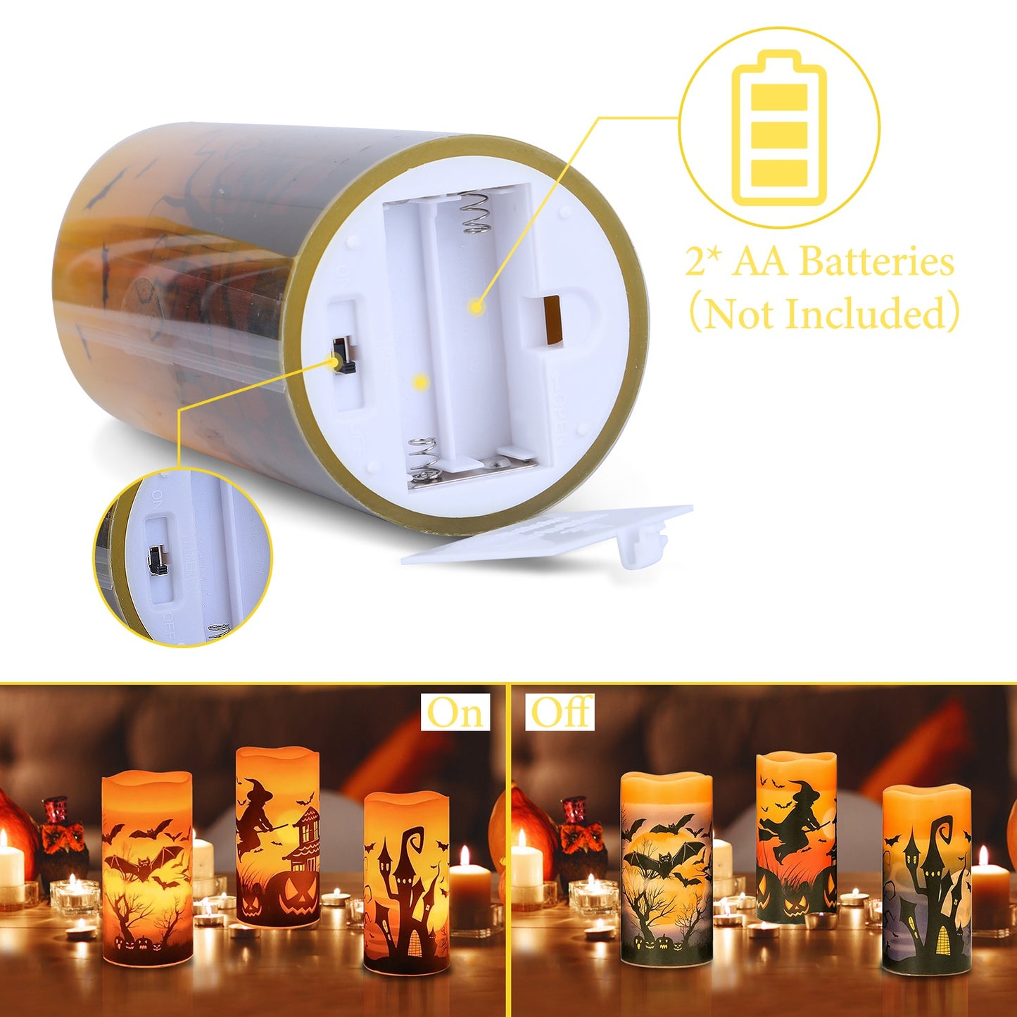 Flameless Halloween Candles with Timer - 3 Pack LED Battery Operated