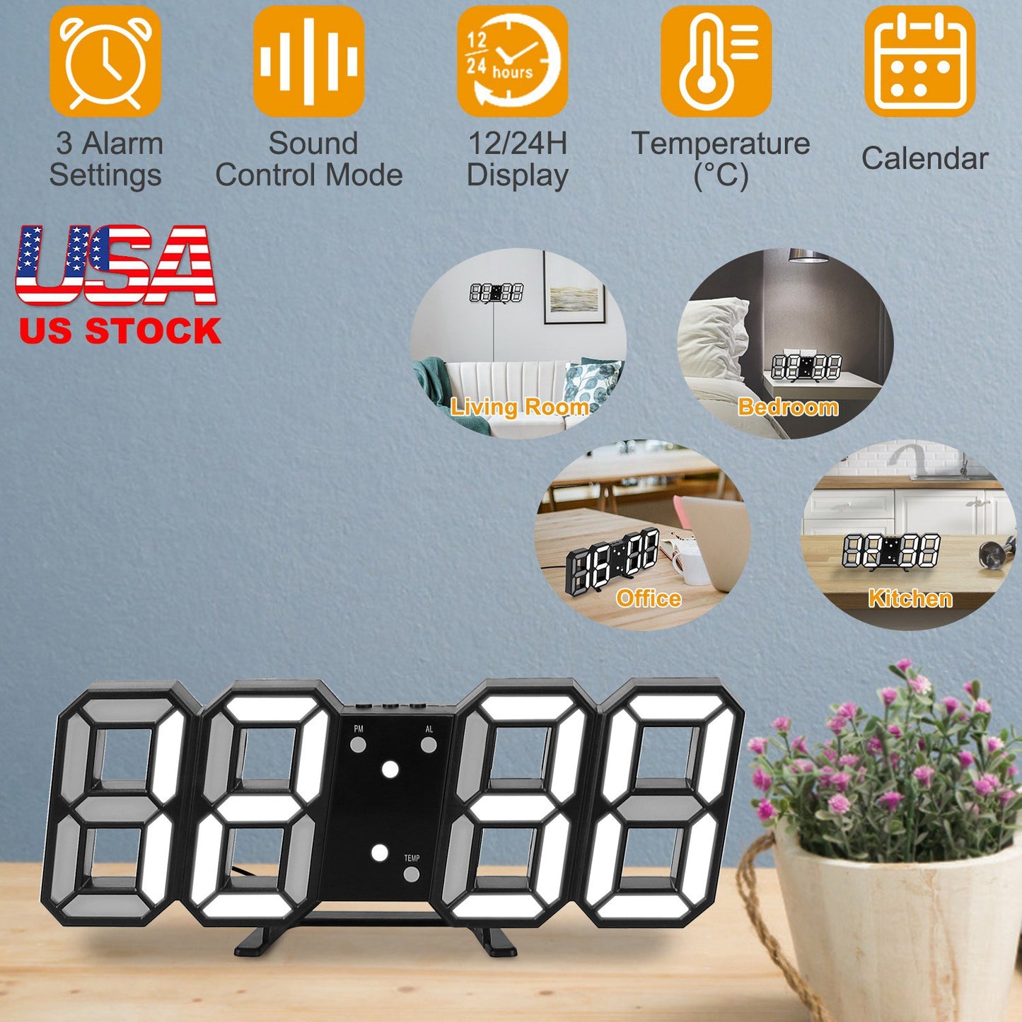 3D LED Digital Wall Clock with Sound Control and Temperature