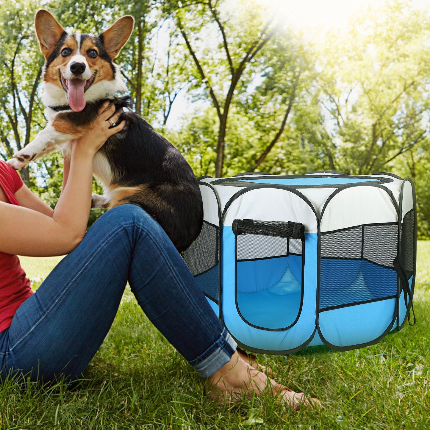 Foldable Pet Playpen with Mesh Panels and Zipper Top