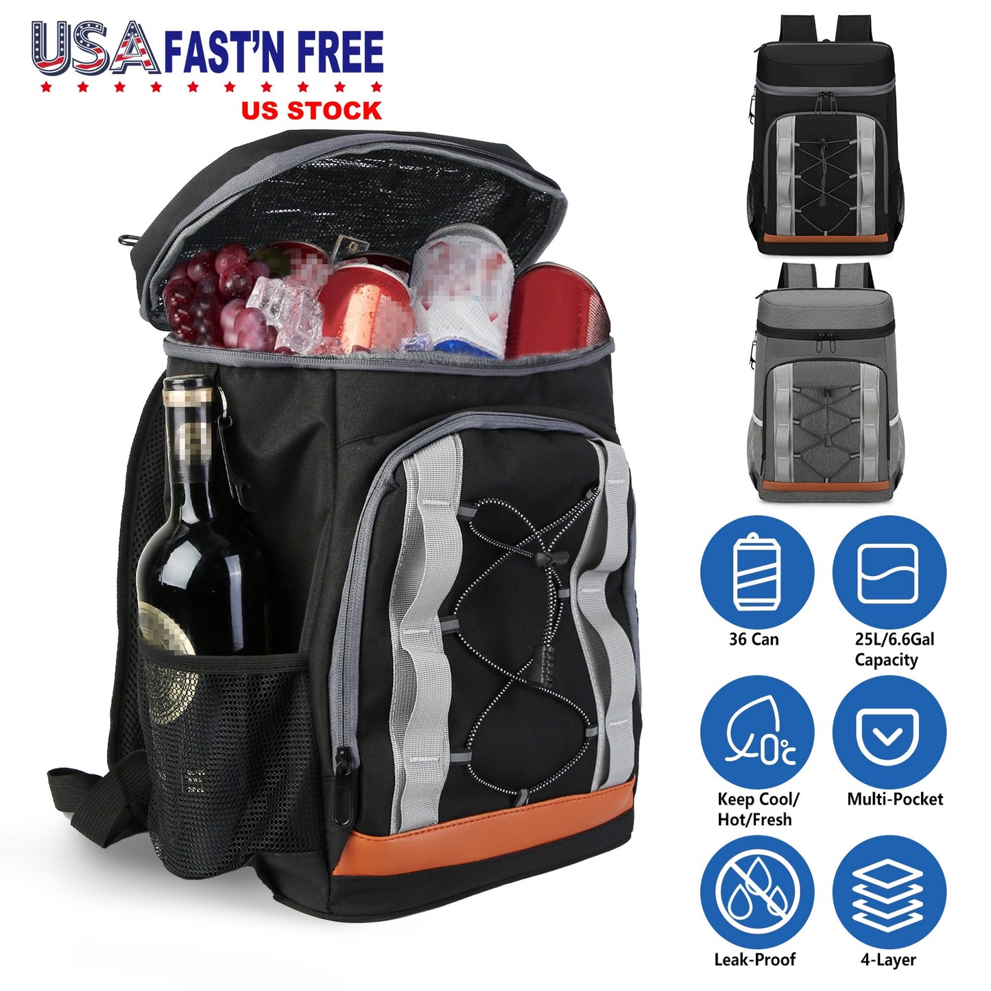 Insulated Cooler Backpack 36 Can Leakproof with Bottle Opener