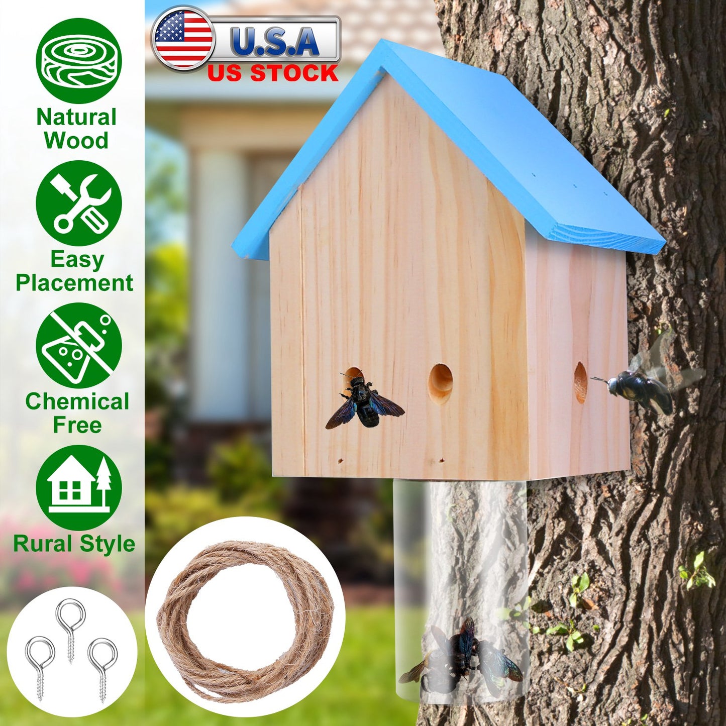 Carpenter Bee Trap - Natural Pine Wood Outdoor Hanging