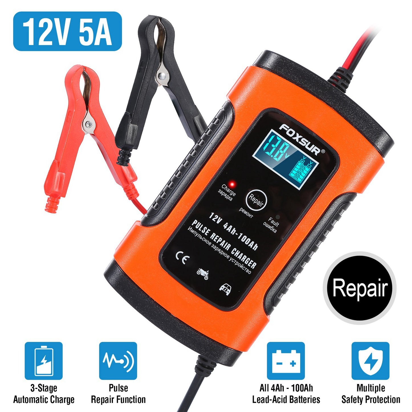12V 5A Battery Charger with LCD Display and Pulse Repair