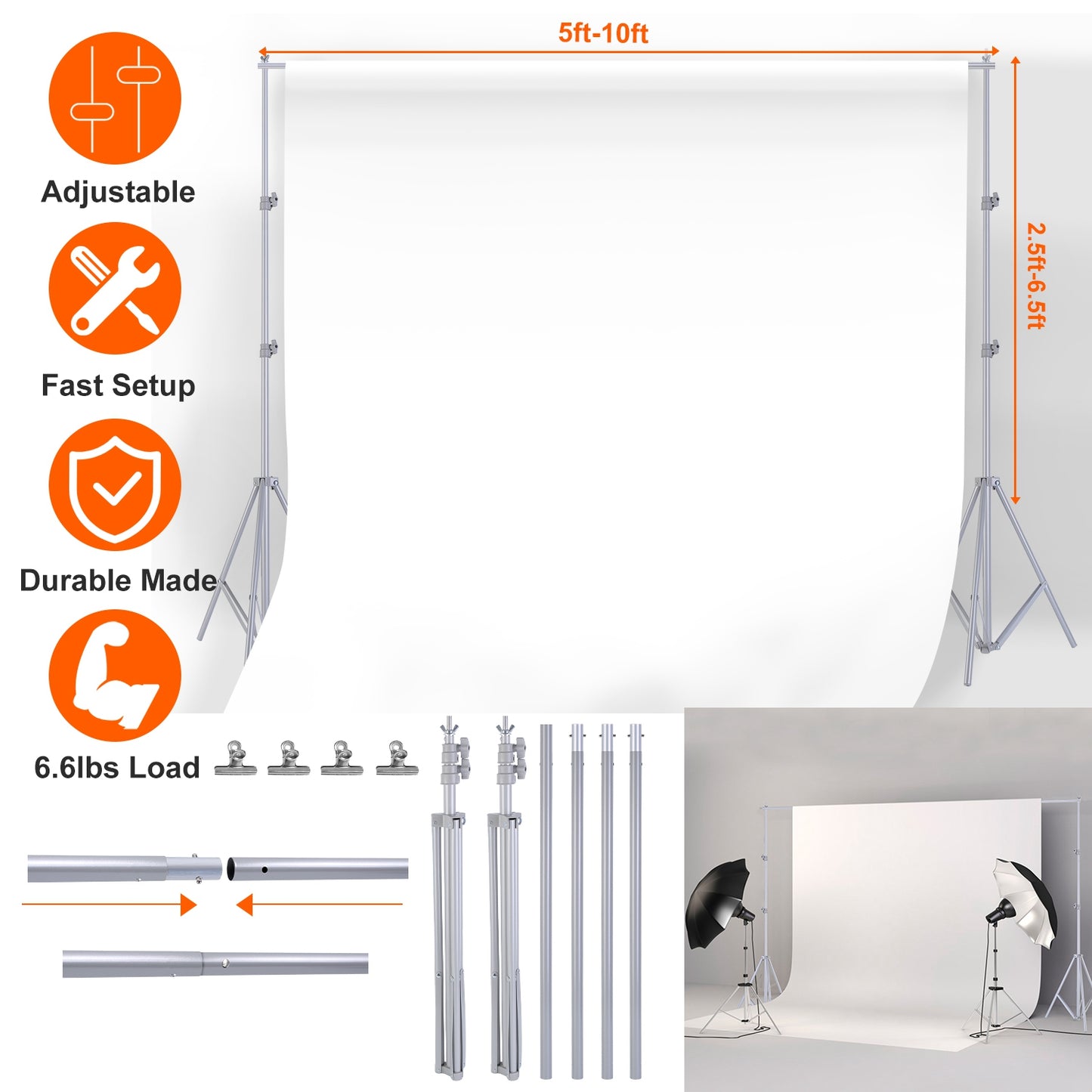 Backdrop Stand 6.5x10ft Adjustable Photography Support System