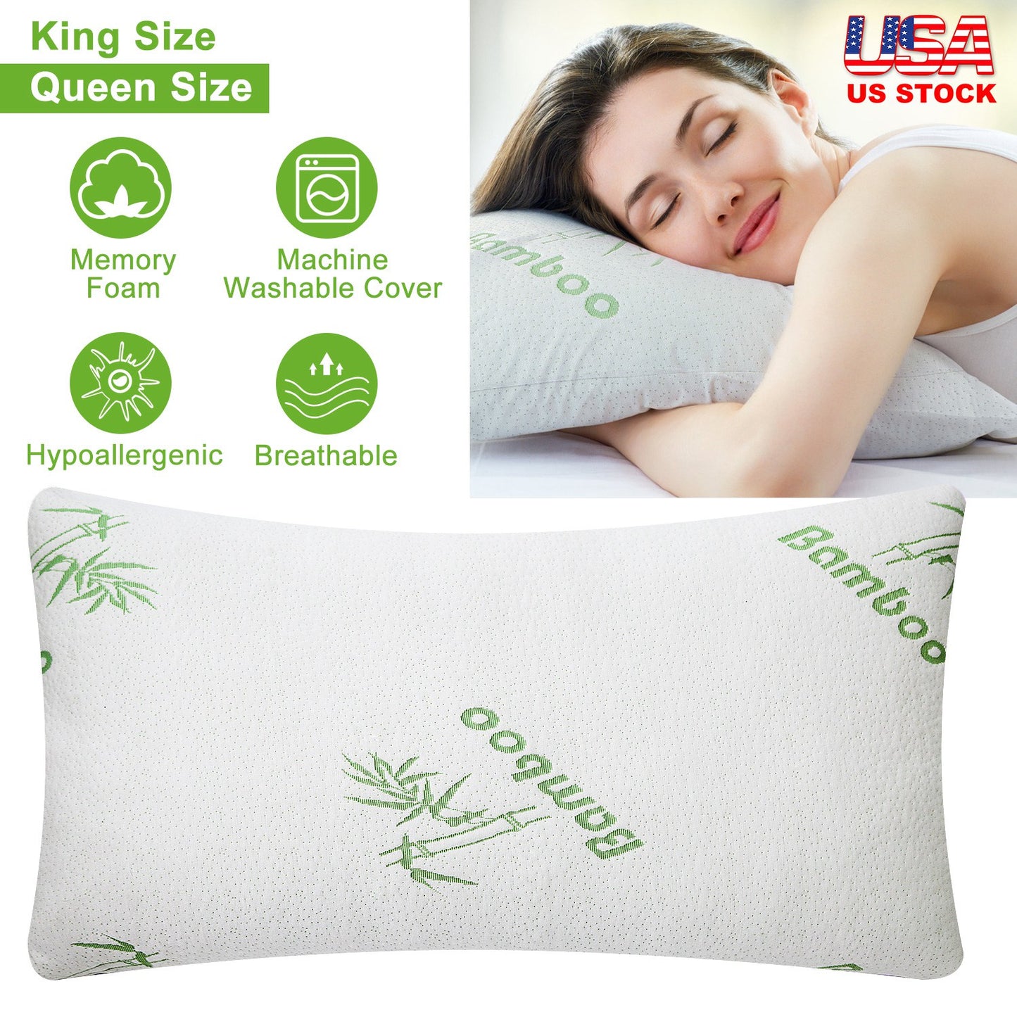 Memory Foam Pillow Set with Bamboo Cover - Queen Size (2-Pack)