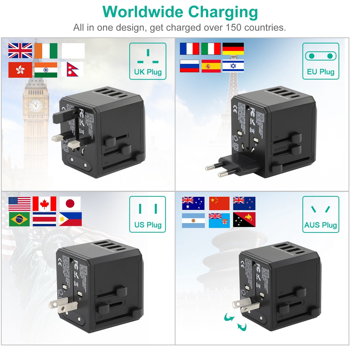 Universal Travel Adapter with 4 USB Ports for 150+ Countries